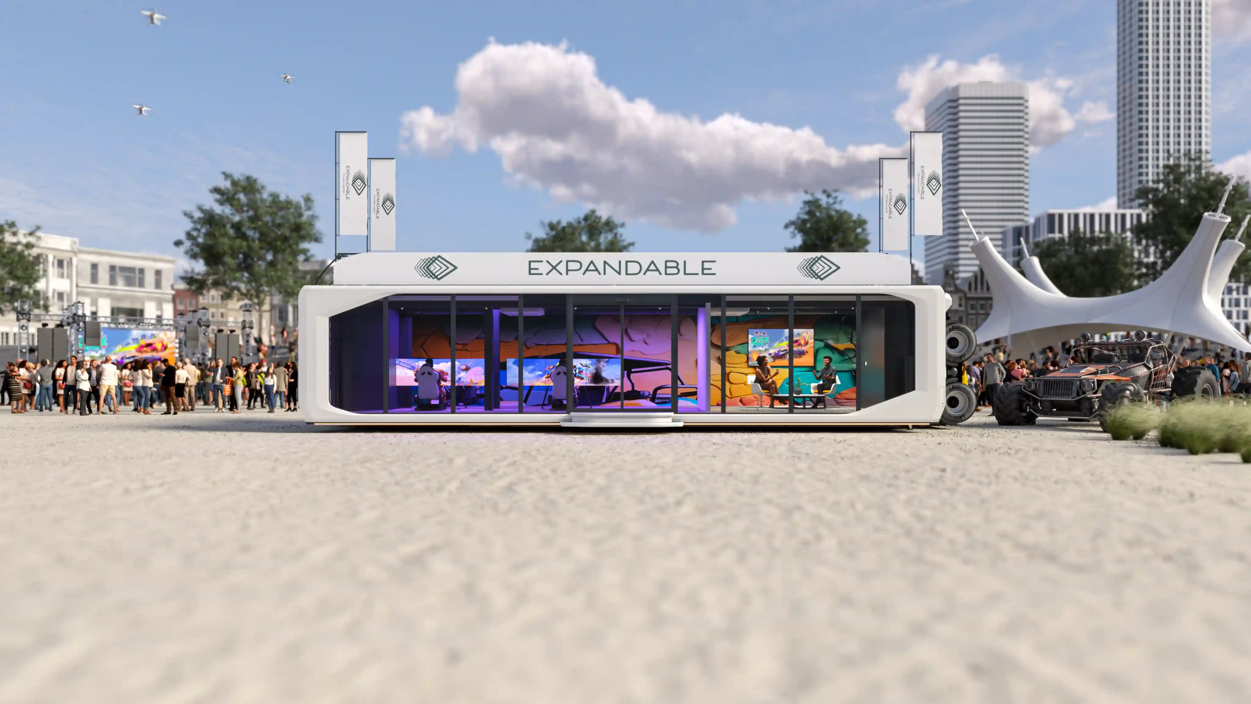 Expandable mobile event space with crowd and interactive screens