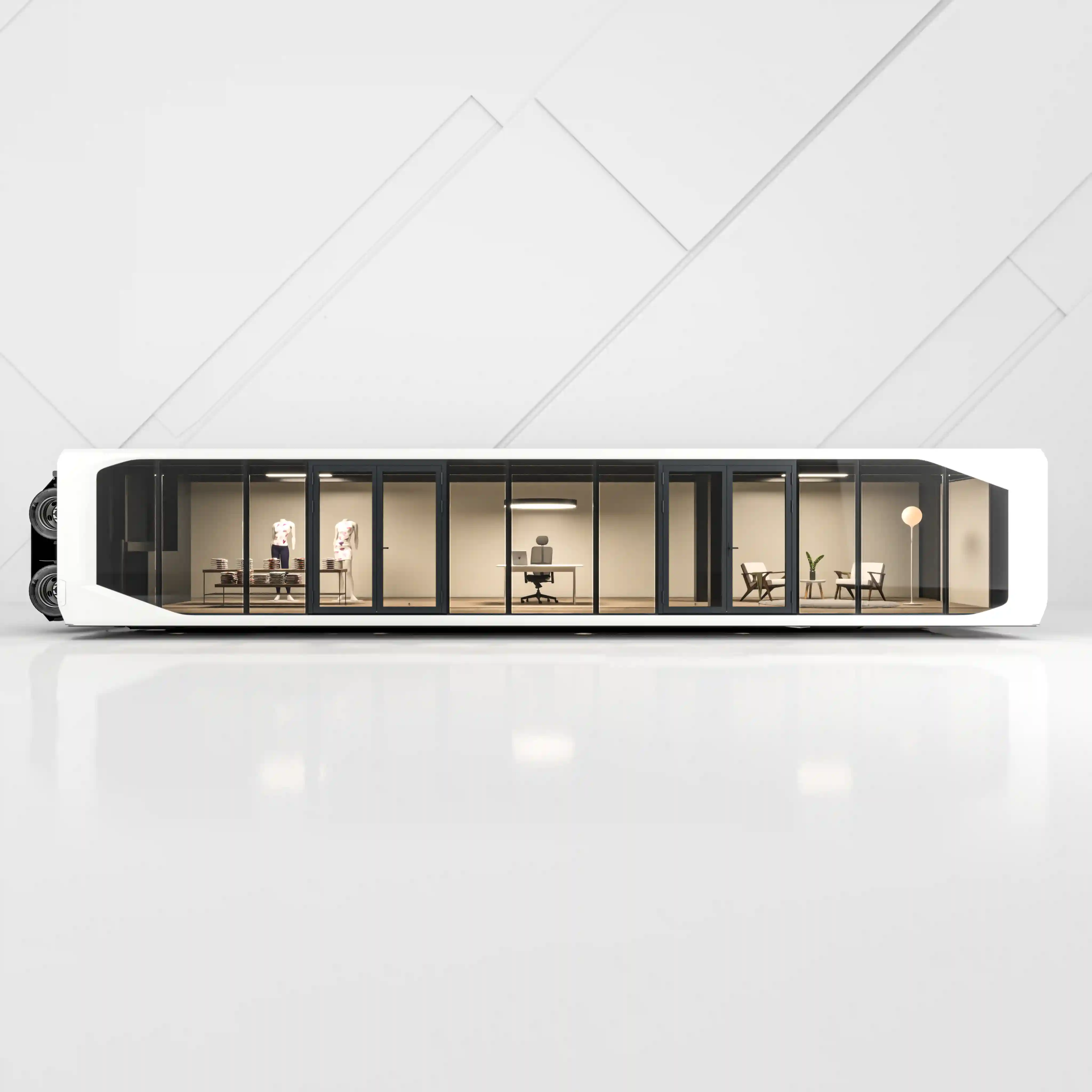 Interior look inside Expandable Touchdown 53ft with modern, spacious office setup and furniture.