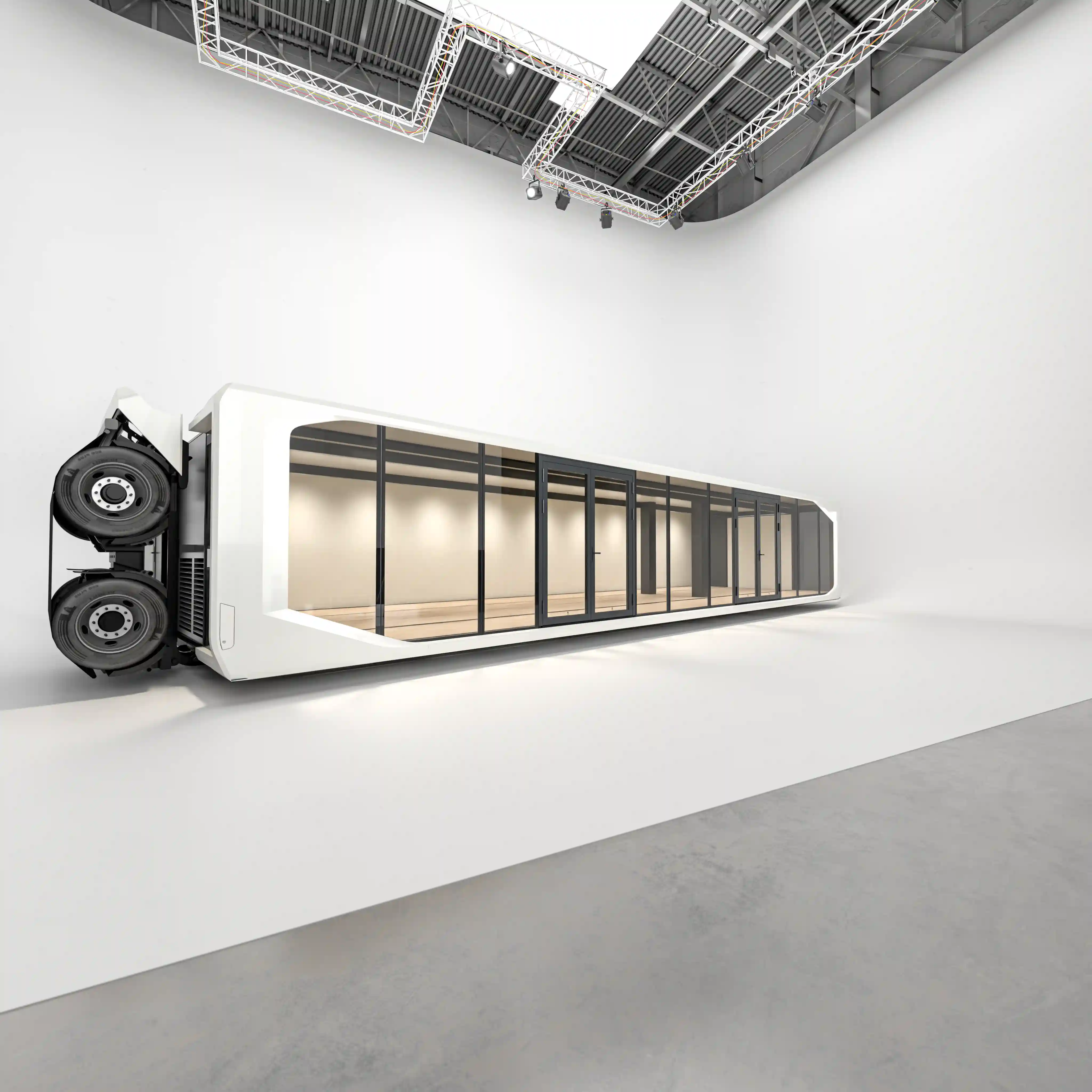 Sleek white exterior of Expandable Touchdown 53ft mobile office on wheels, showcasing modern design.