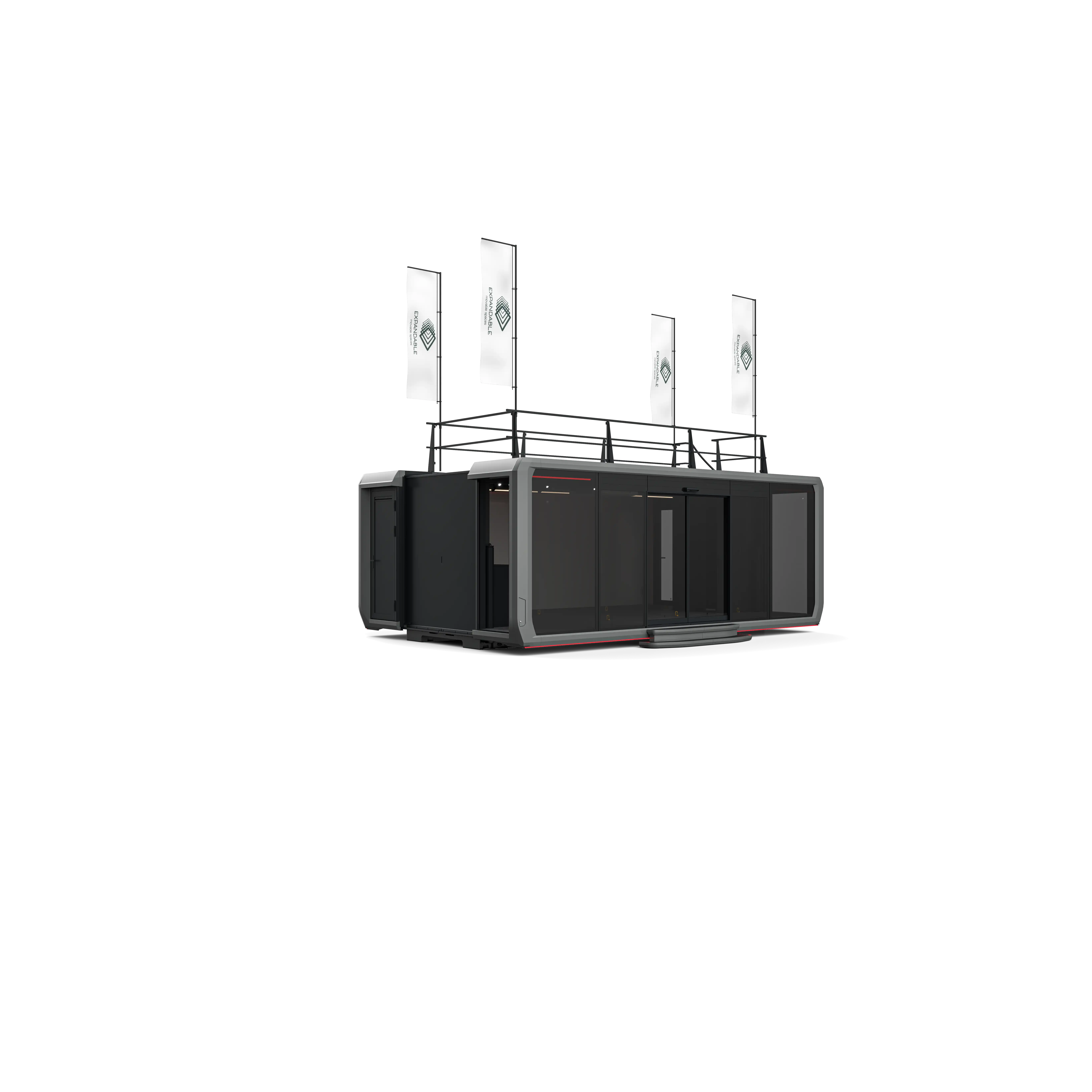 A premium 25-foot modular unit with a sleek black exterior, large windows, and multiple flags on top.