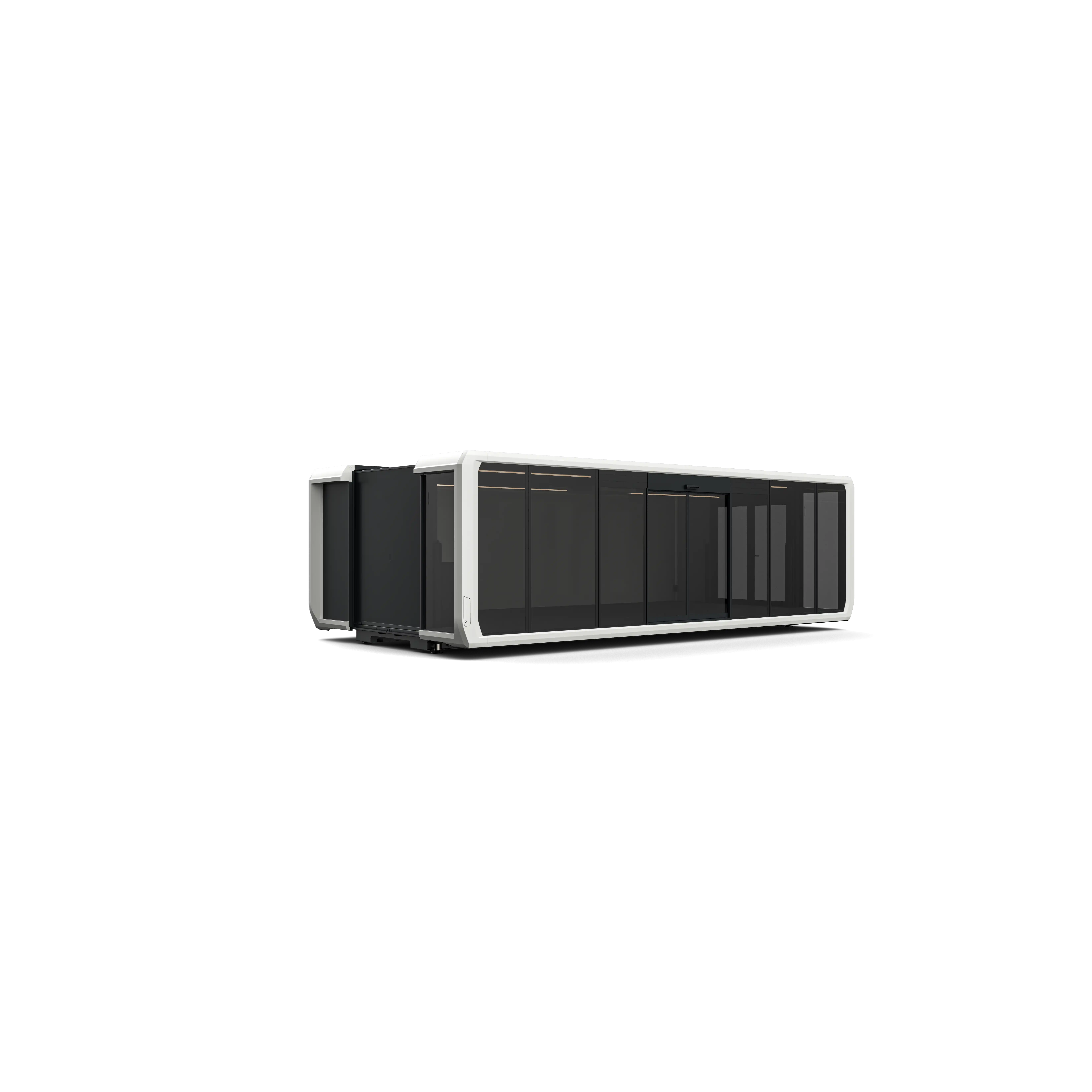 A 30-foot advanced modular unit with a white and black exterior, large windows, and a streamlined design.