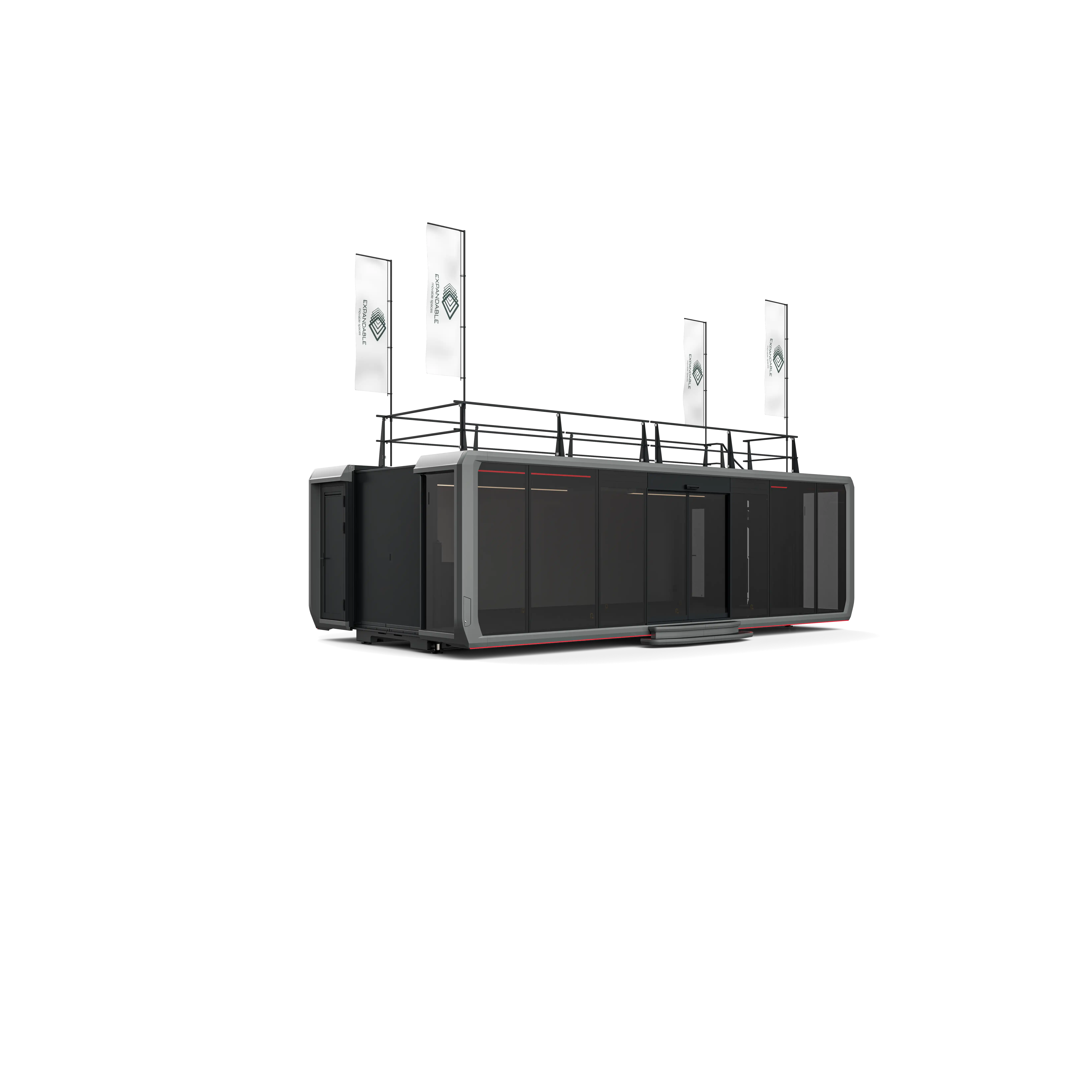 A premium 30-foot modular unit with a sleek black exterior, large windows, and multiple flags on top.