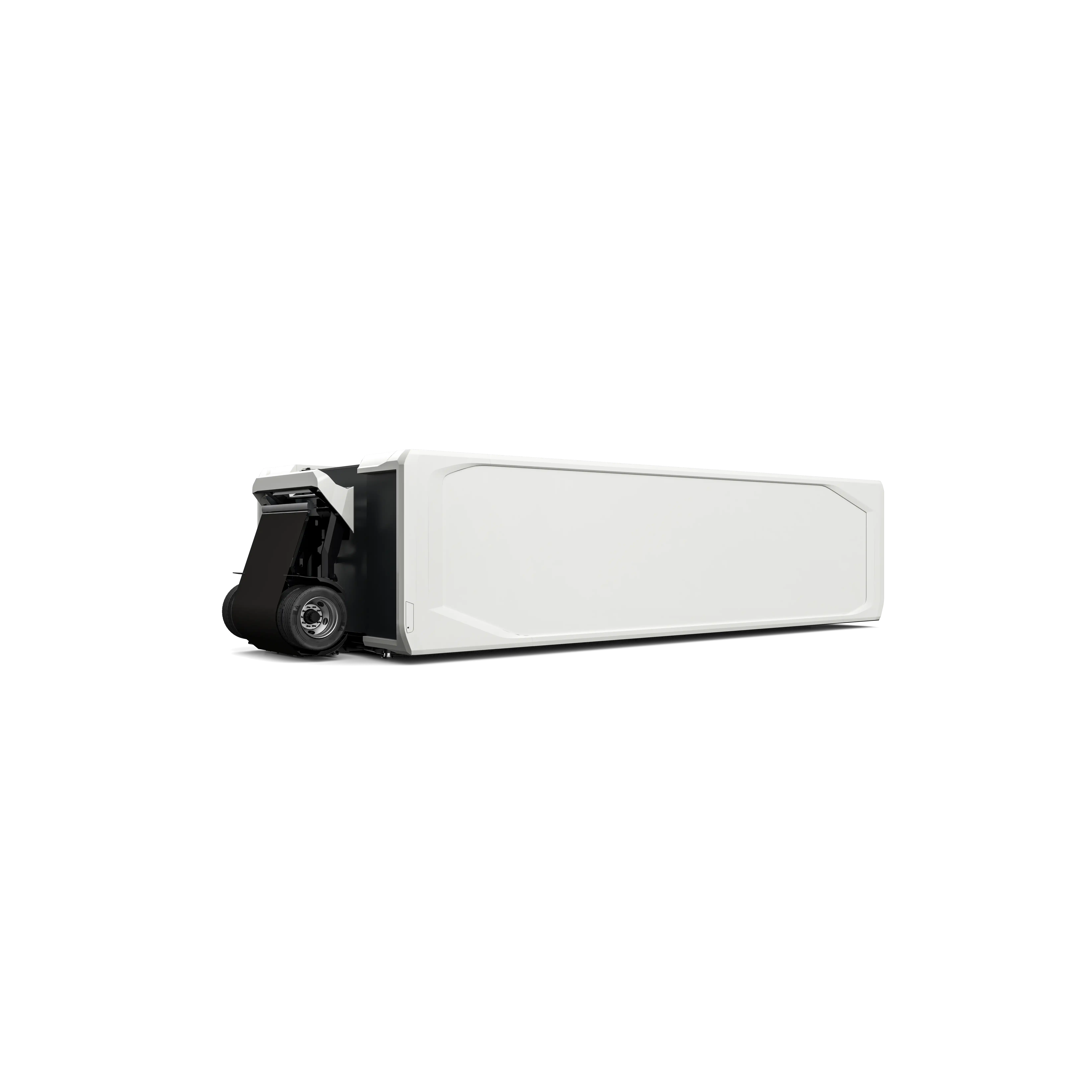 A basic 38-foot modular structure featuring a minimalist white exterior and small windows.