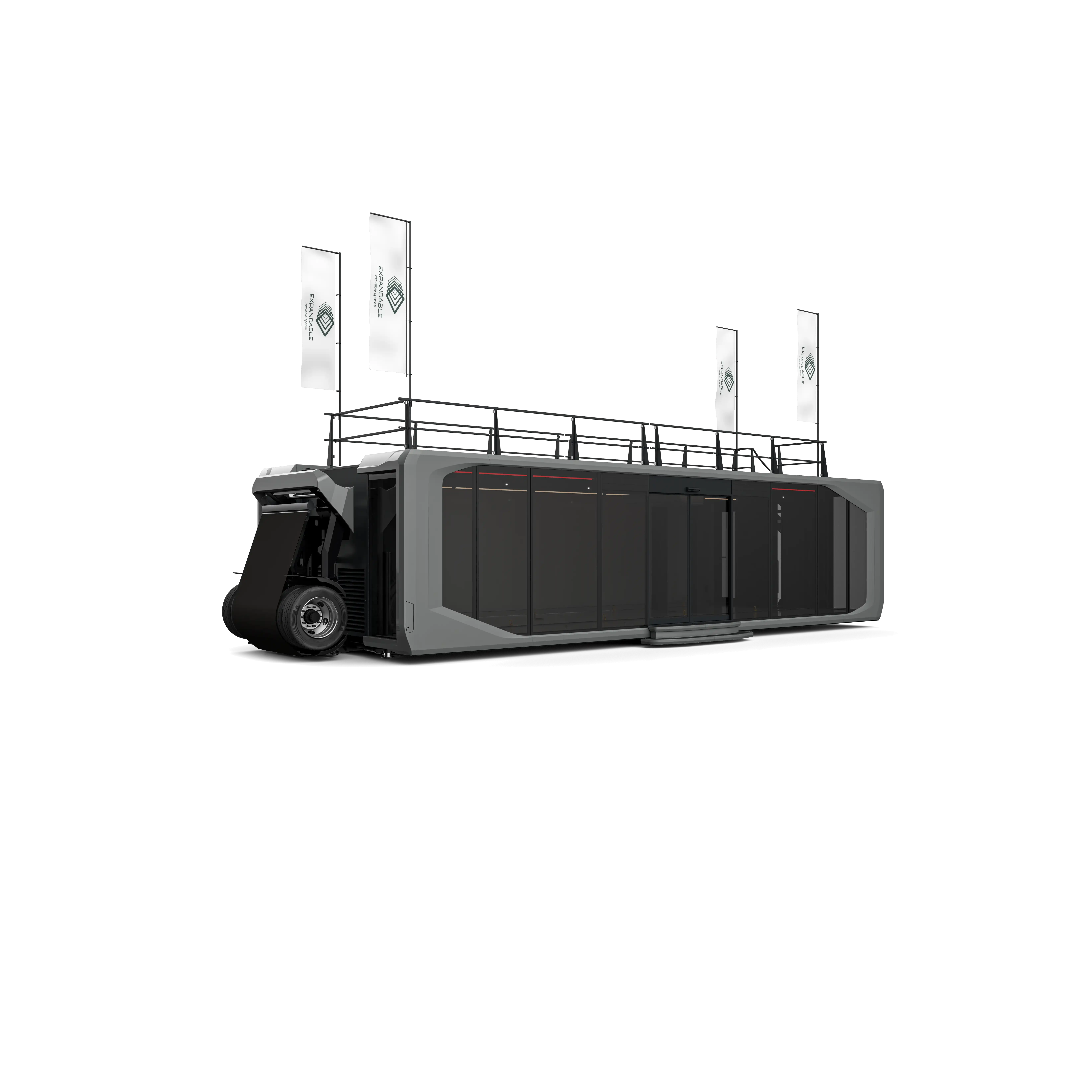 A premium 38-foot modular unit with a sleek black exterior, large windows, and multiple flags on top.