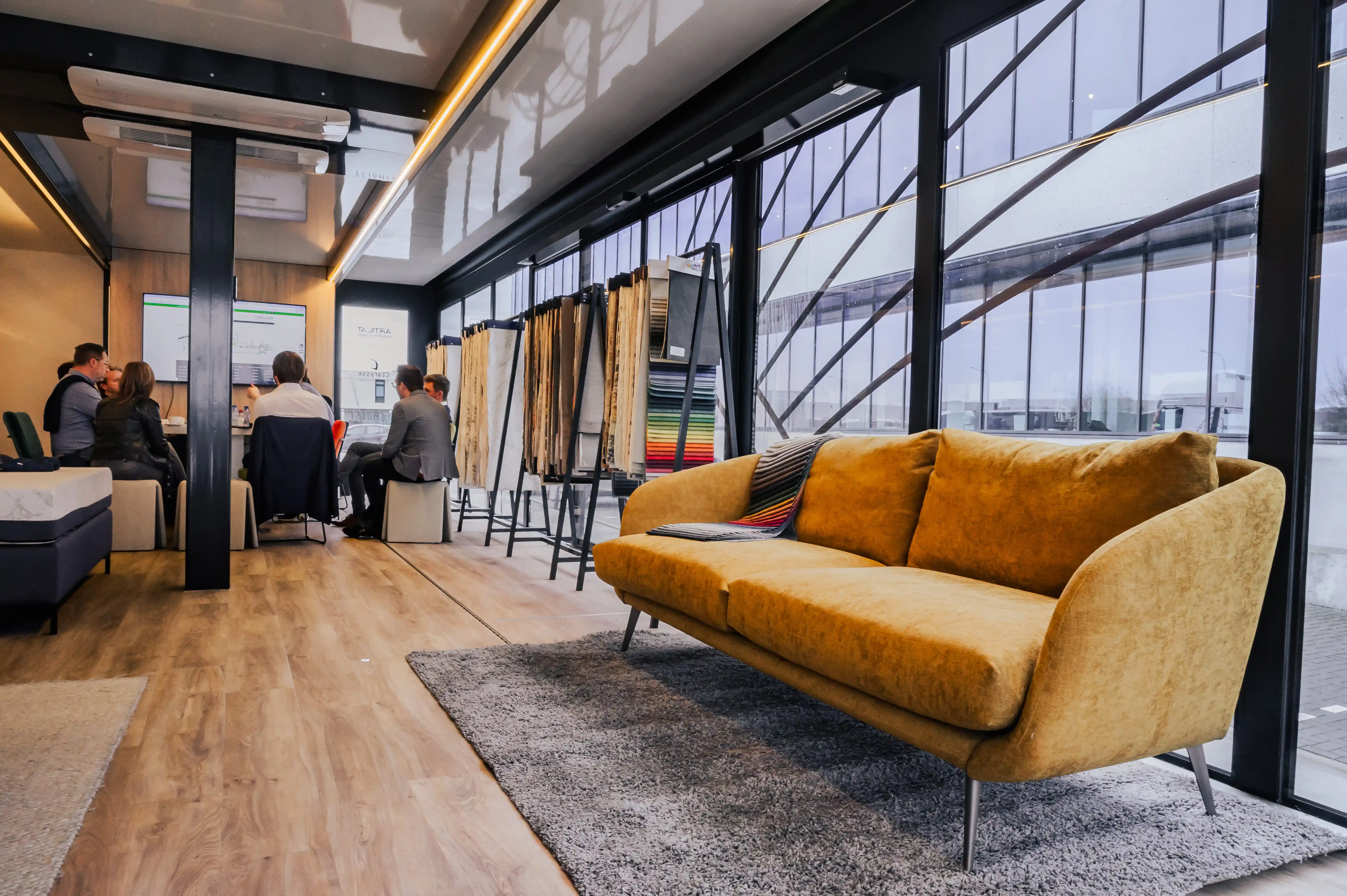 The interior of an Expandable office trailer where people can meet with each other