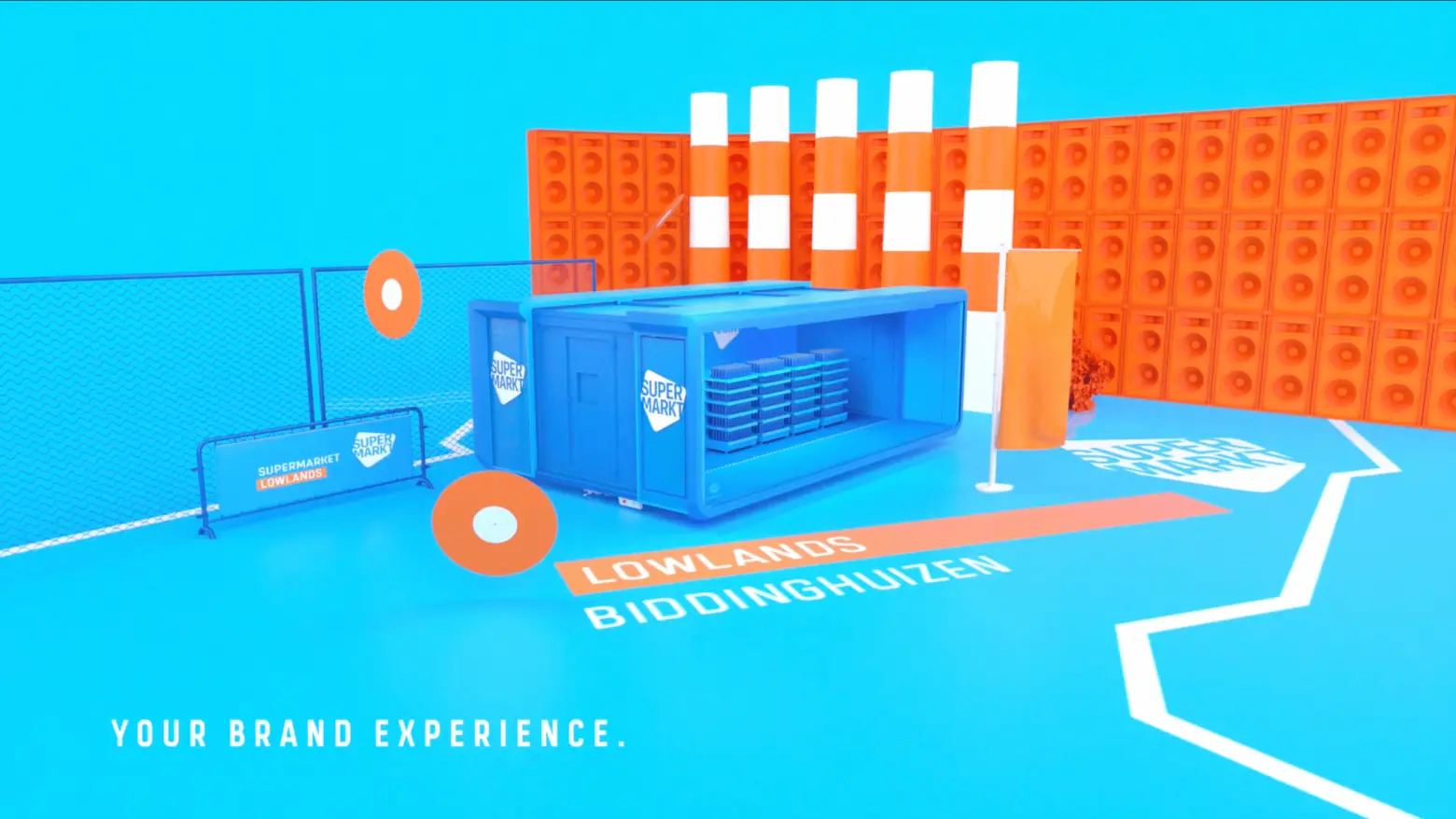 A vibrant blue Expandable container turned into a supermarket setup at Lowlands Biddinghuizen, surrounded by bright orange speaker walls, with the text 'Your Brand Experience' displayed prominently.