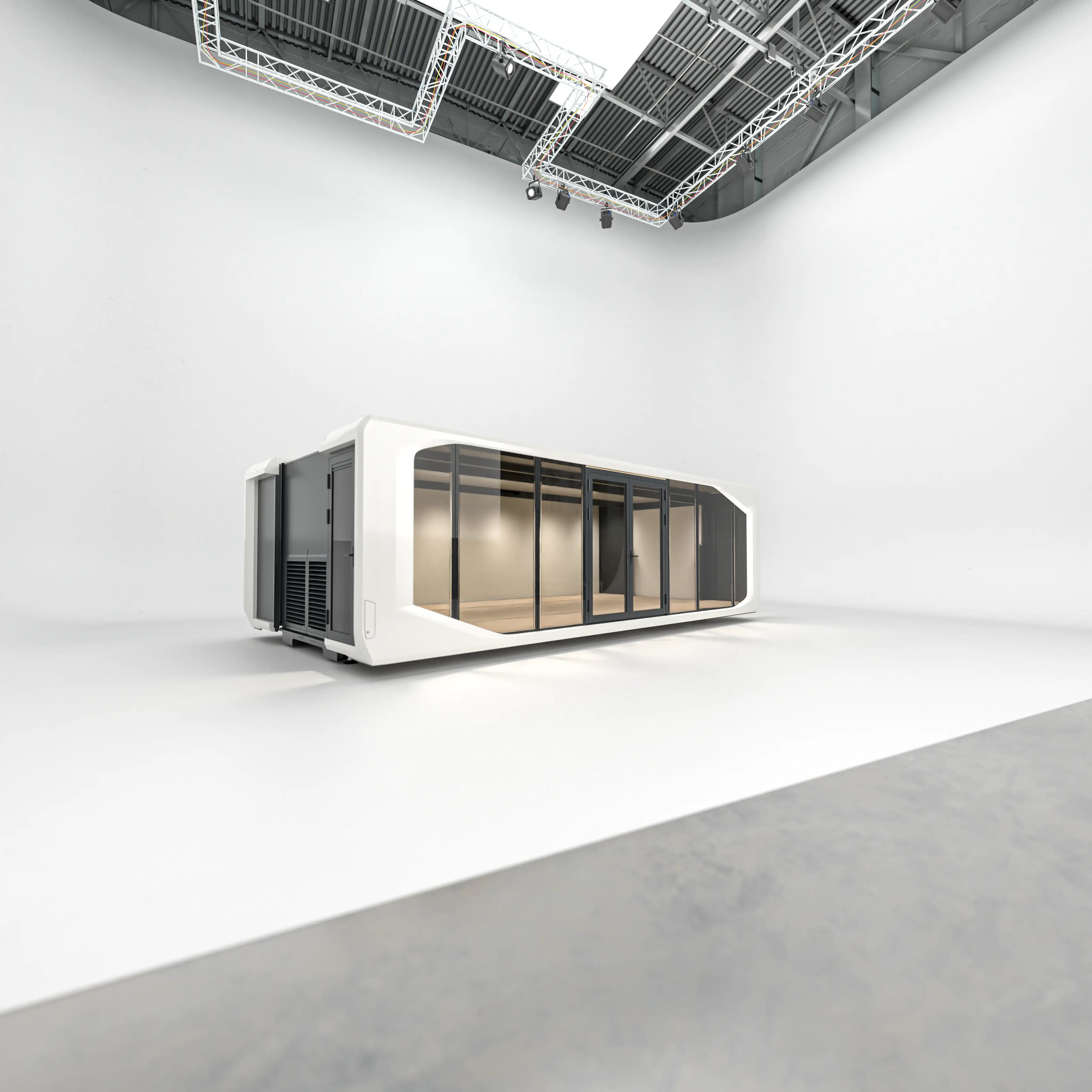 An Expandable Pod with lights on in a dark room