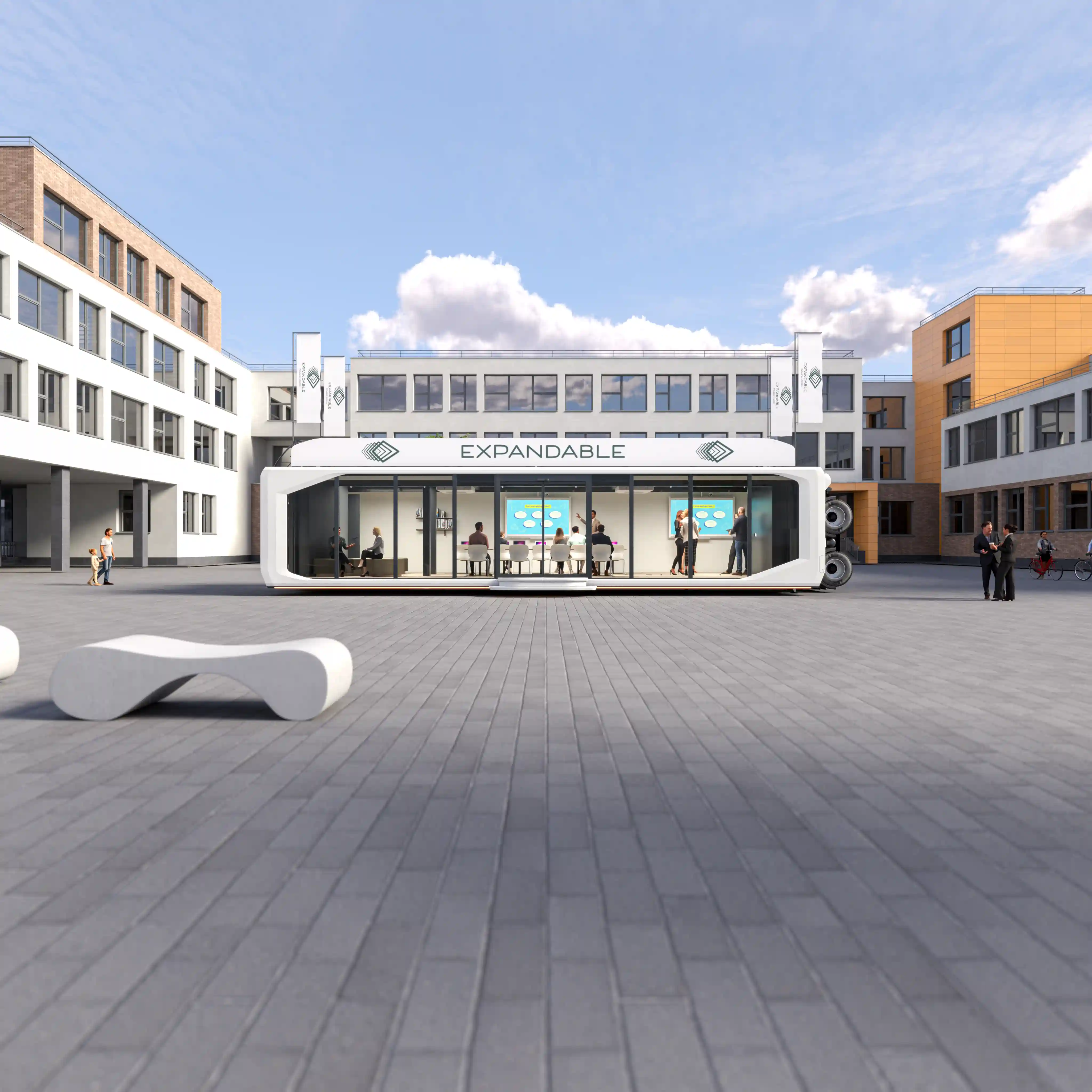 Urban square with a modern mobile work and learning Expandable Touchdown