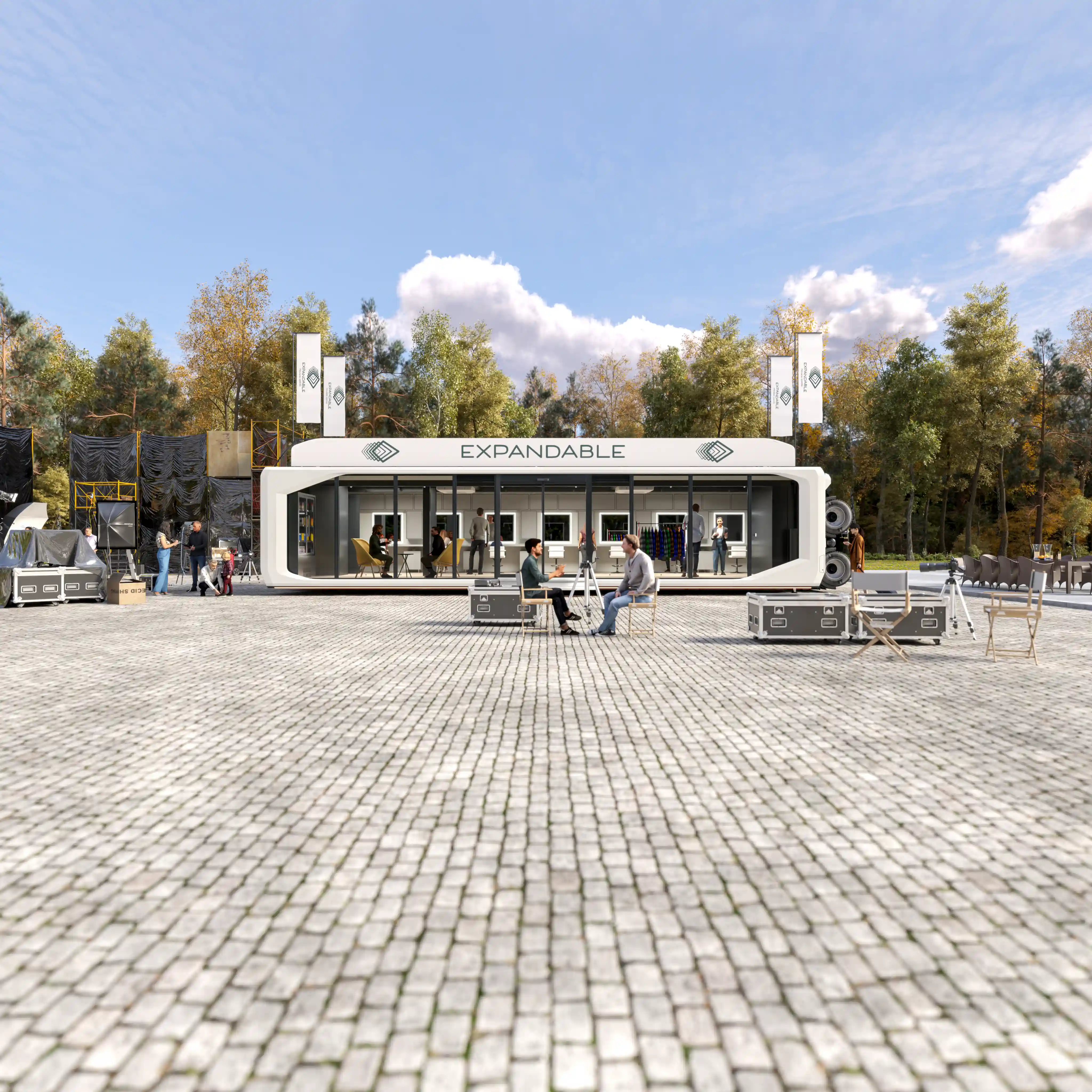 Outdoor pop-up film and production support Expandable with people engaging in various activities.