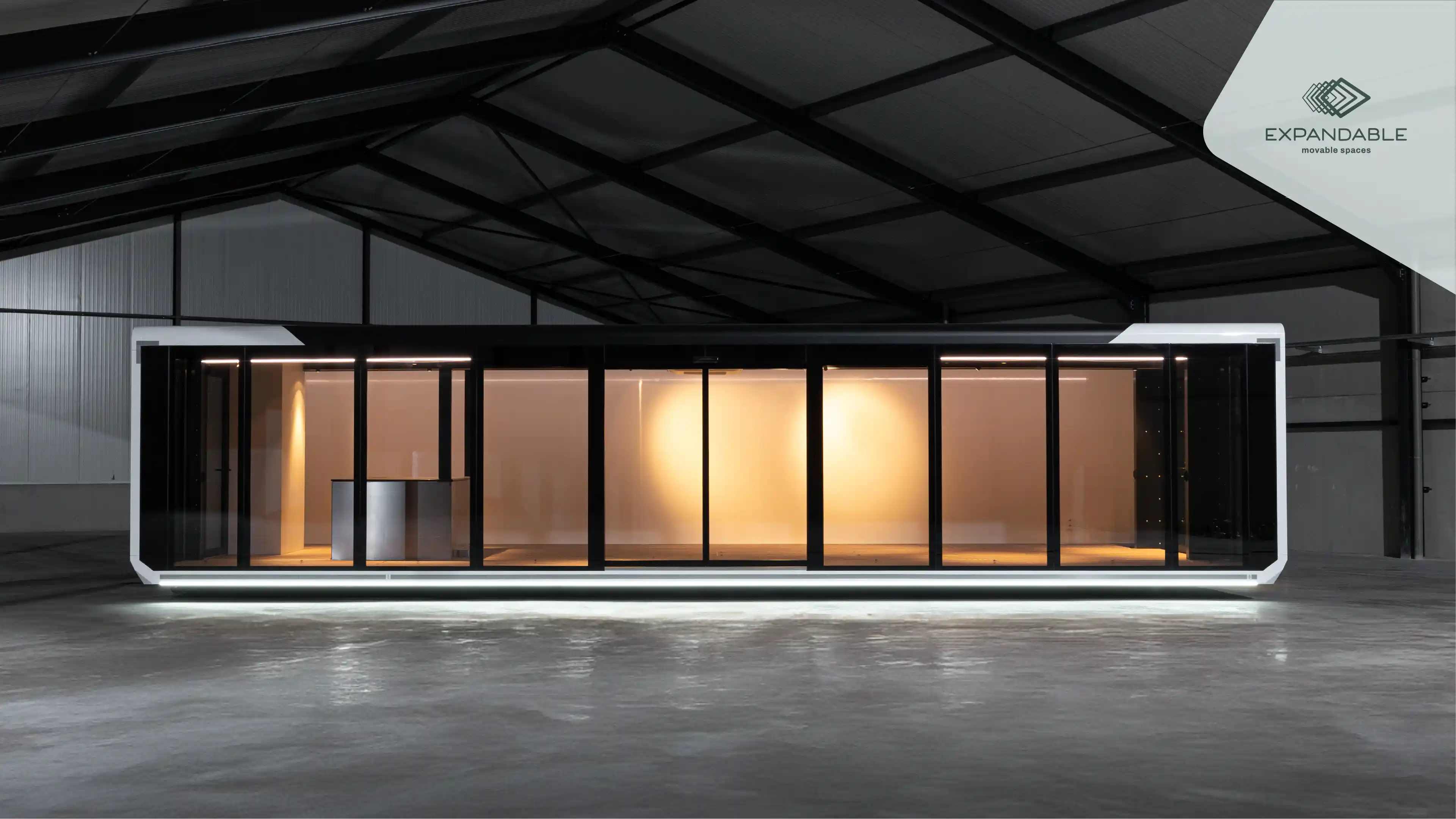 Side view of the fully expanded Expandable Hybrid with a well-lit interior.