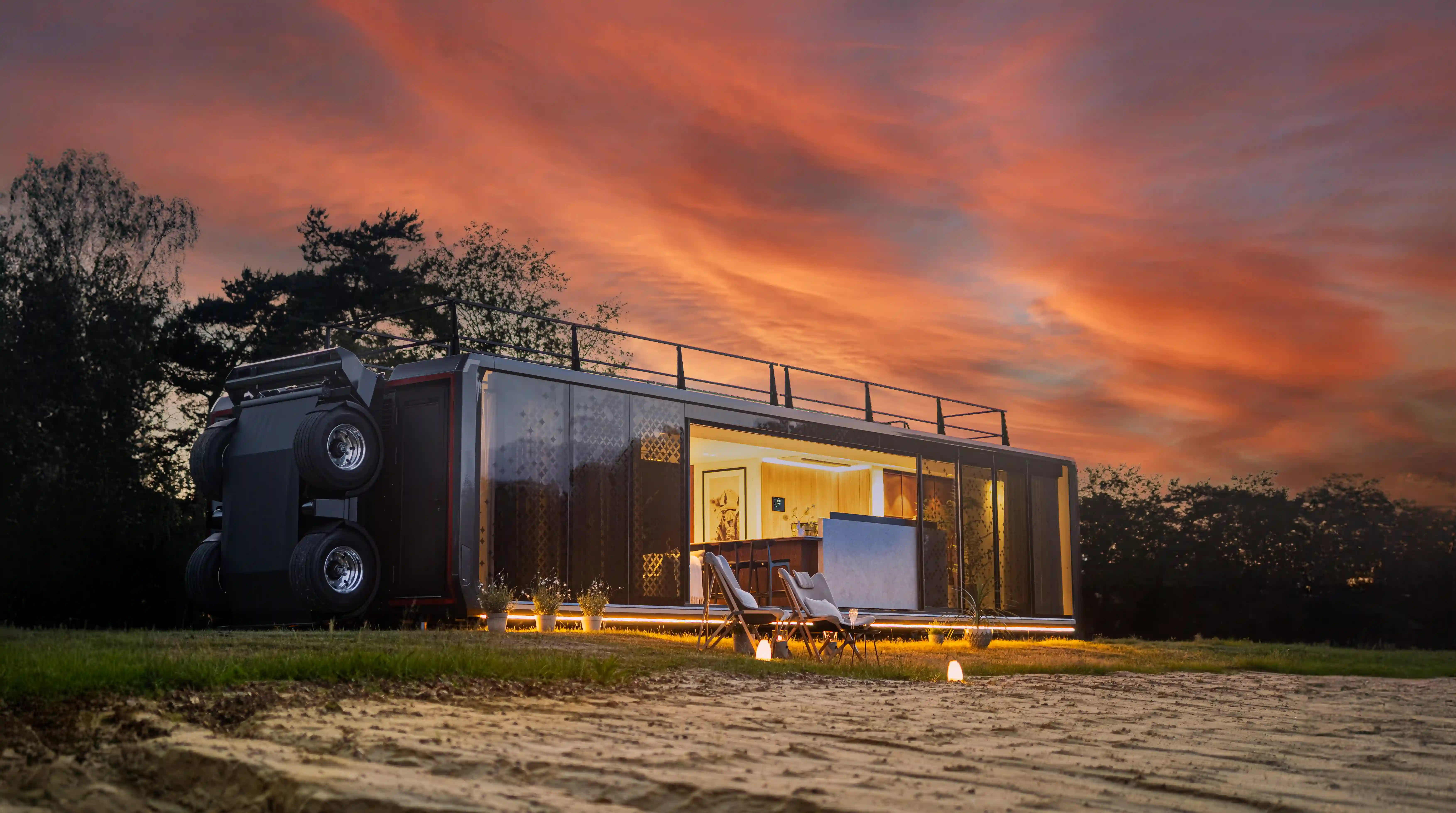 Expandable Mansion mobile home through a serene forest