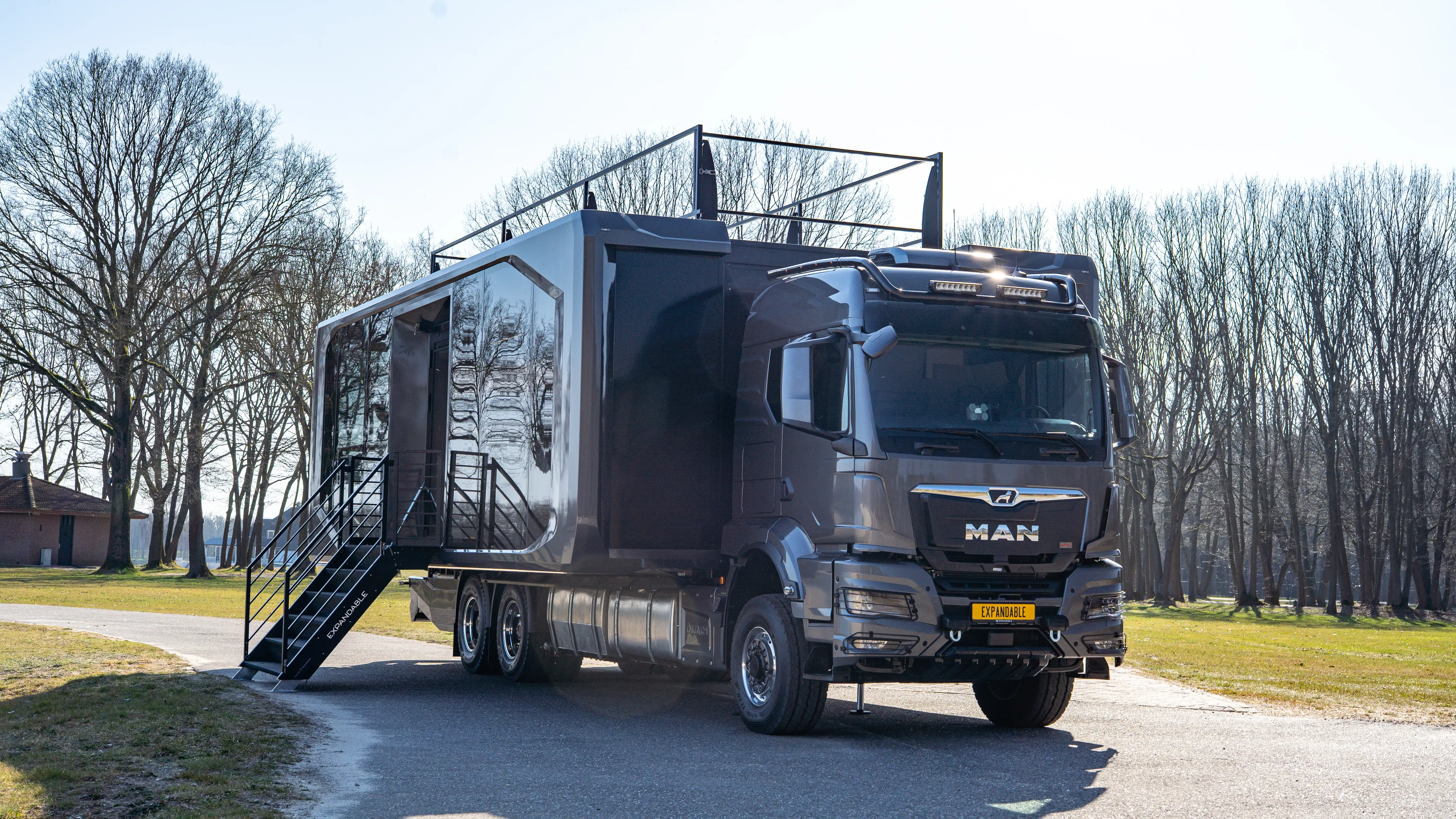 Film trailer inside a hall