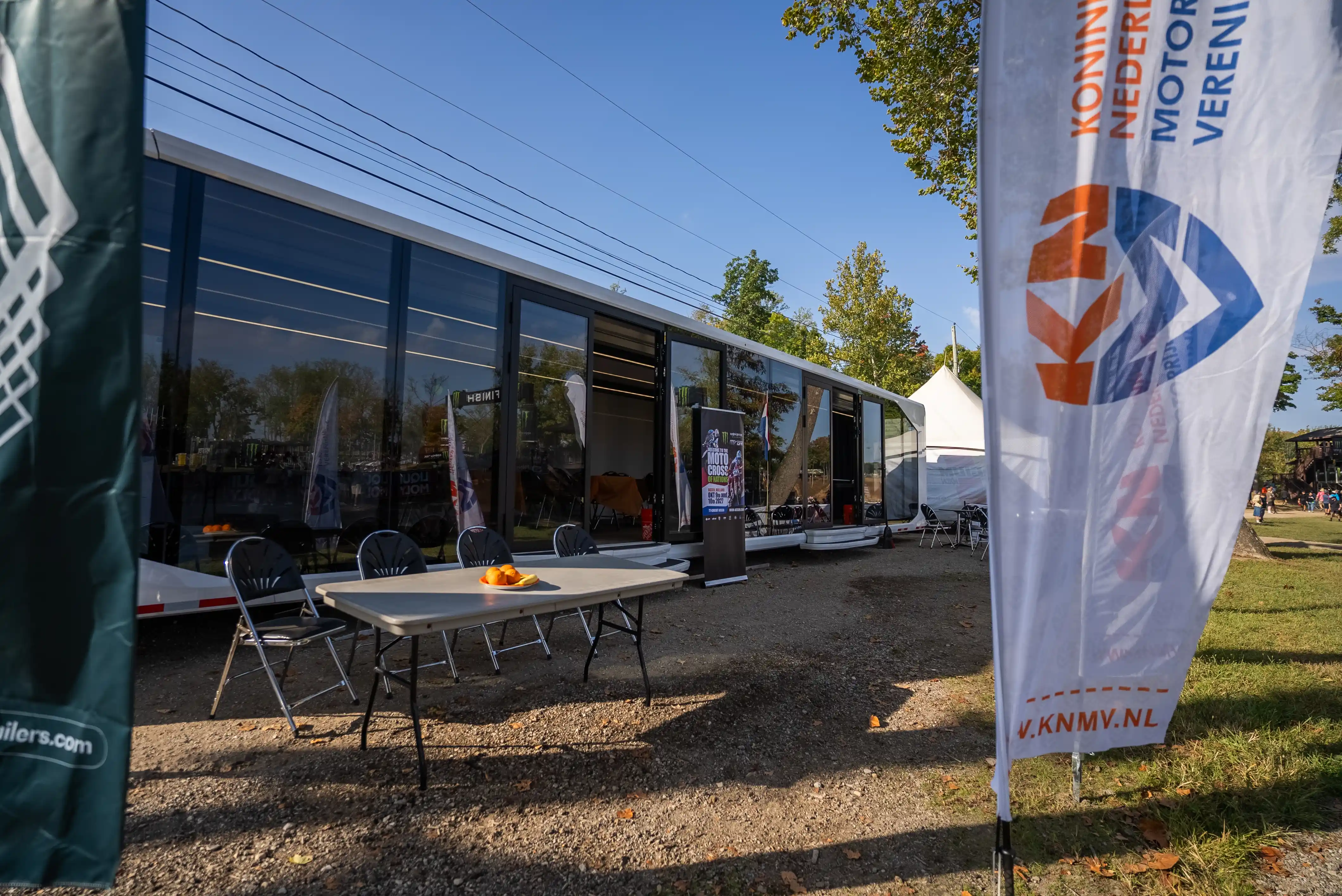 The Expandable 53ft Touchdown trailer on-site at the Motocross of Nations in Indiana, serving as TeamNLâs meeting and hospitality space throughout the competition weekend.