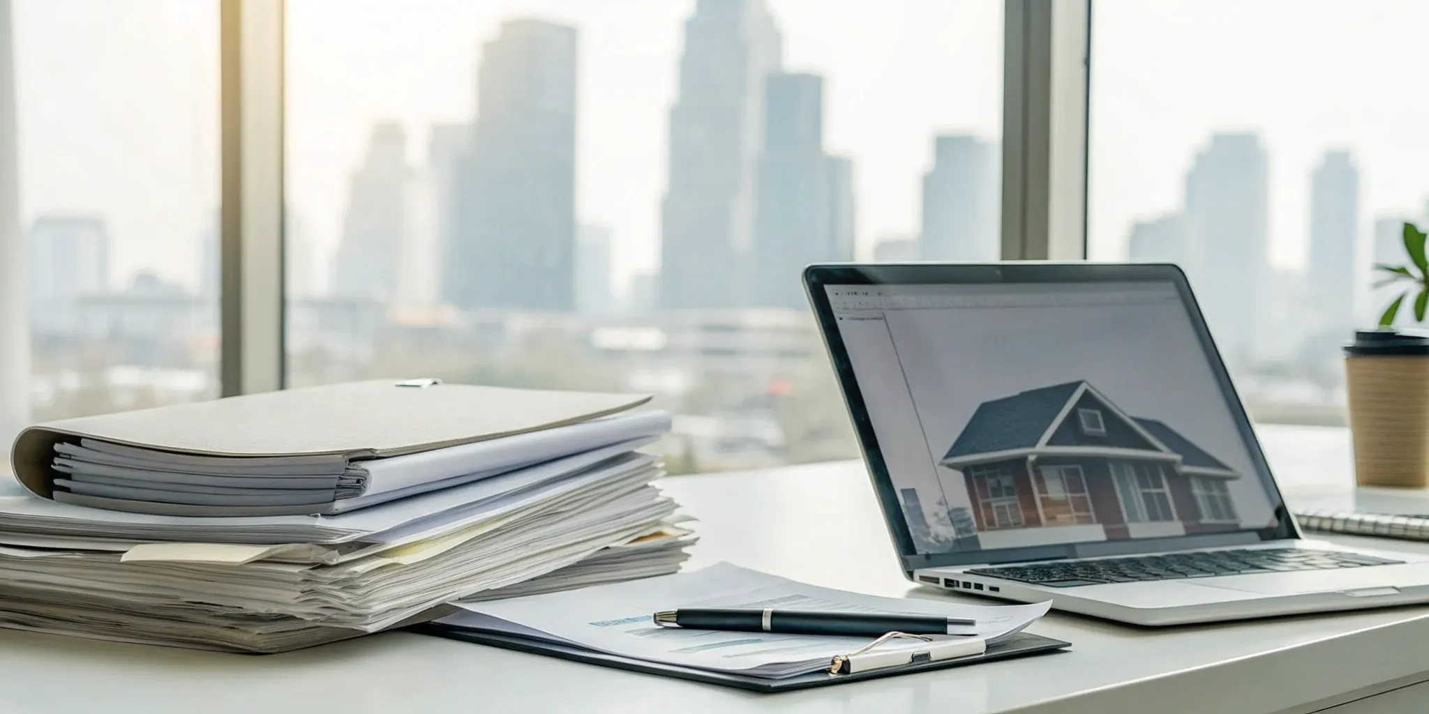 A landlord's desk with a laptop and documents for managing professional leasing services.