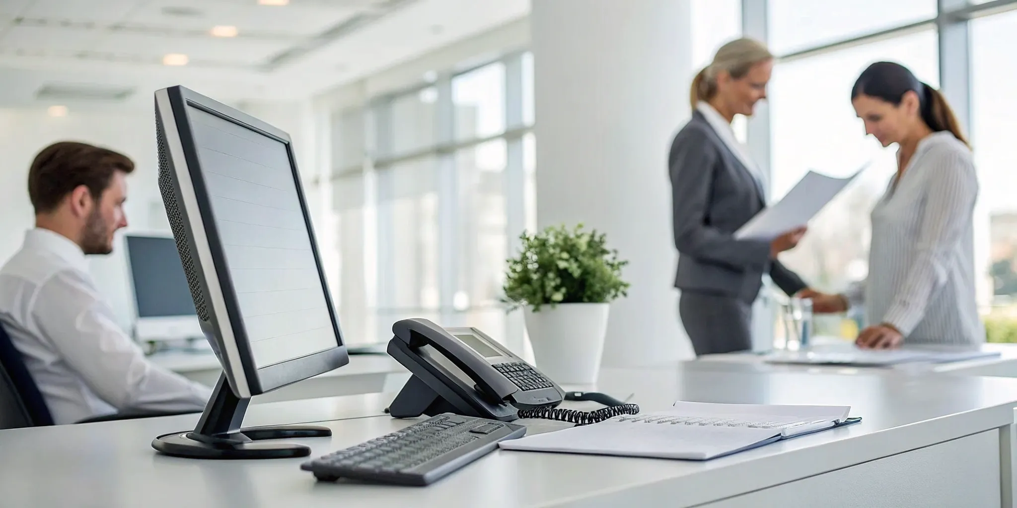 People reviewing rental documents after their application is approved.