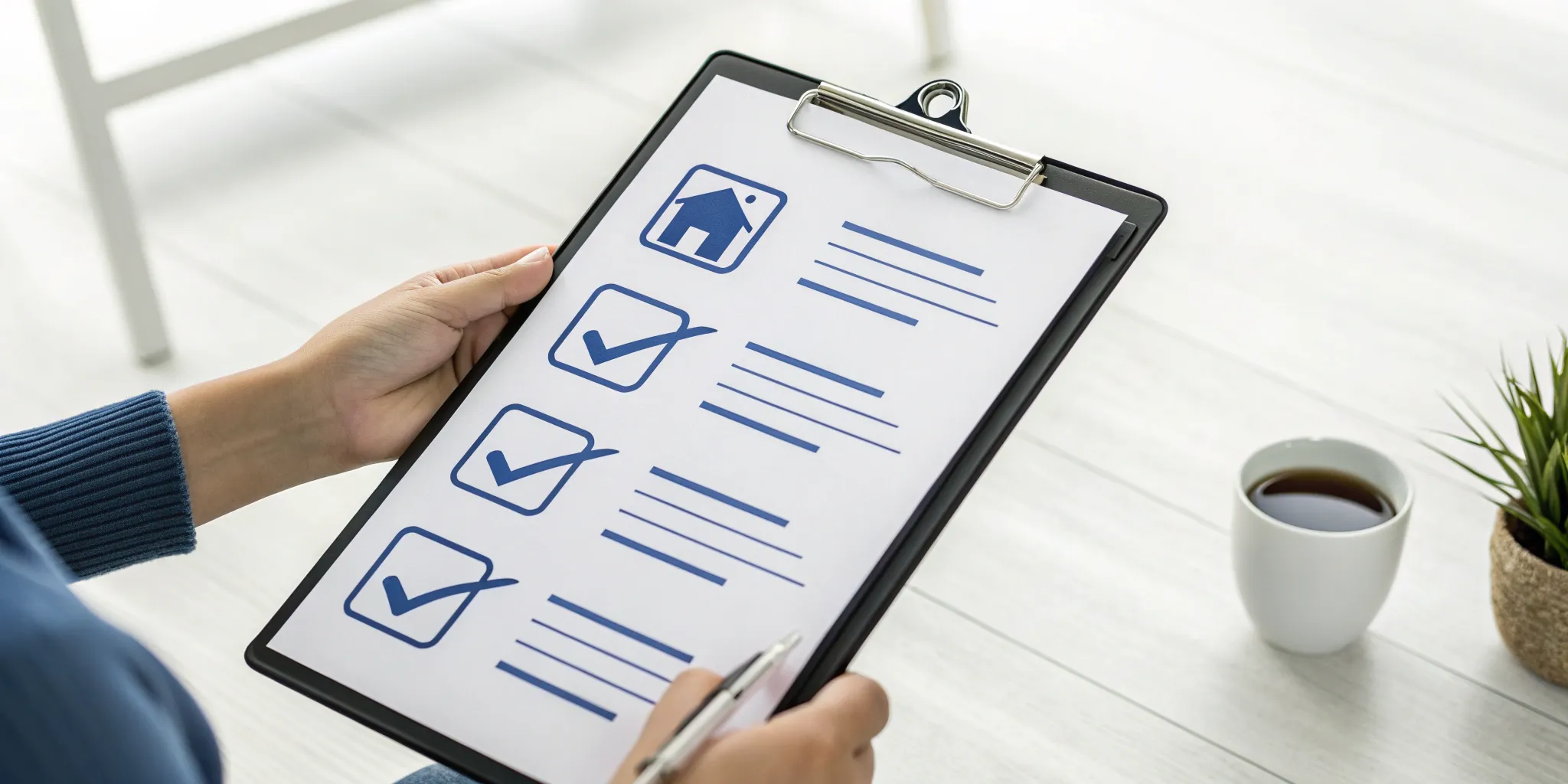 A checklist for rental application processing on a clipboard with check marks.