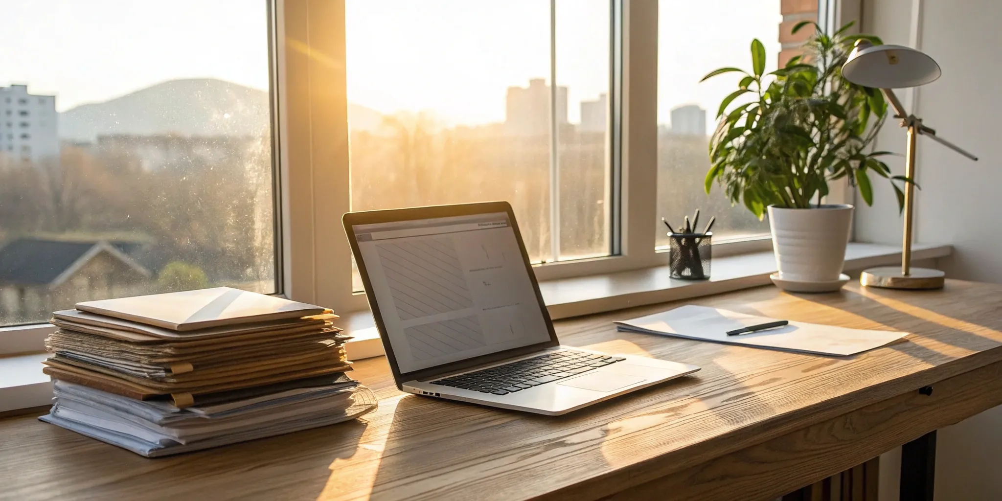 Laptop and paperwork on a desk for running compliant tenant background checks.