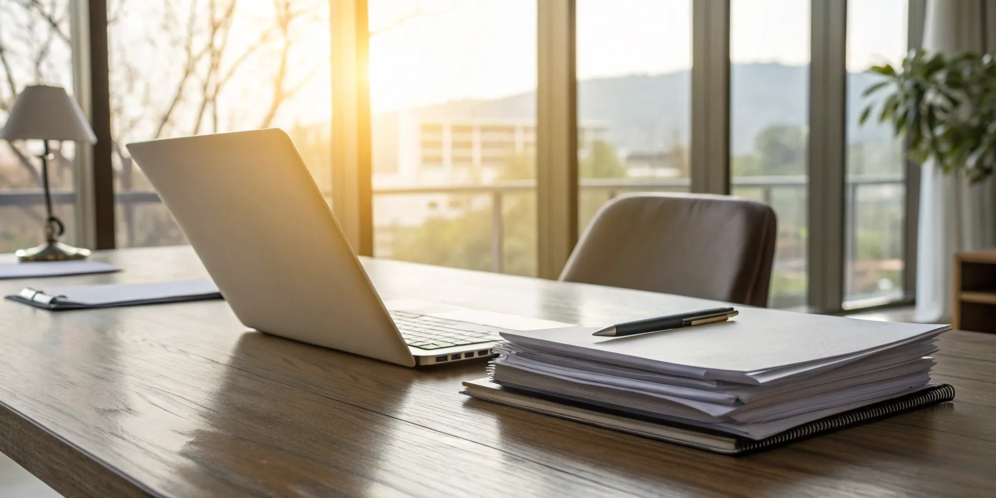 A landlord's desk with a laptop and a stack of rental screening reports.