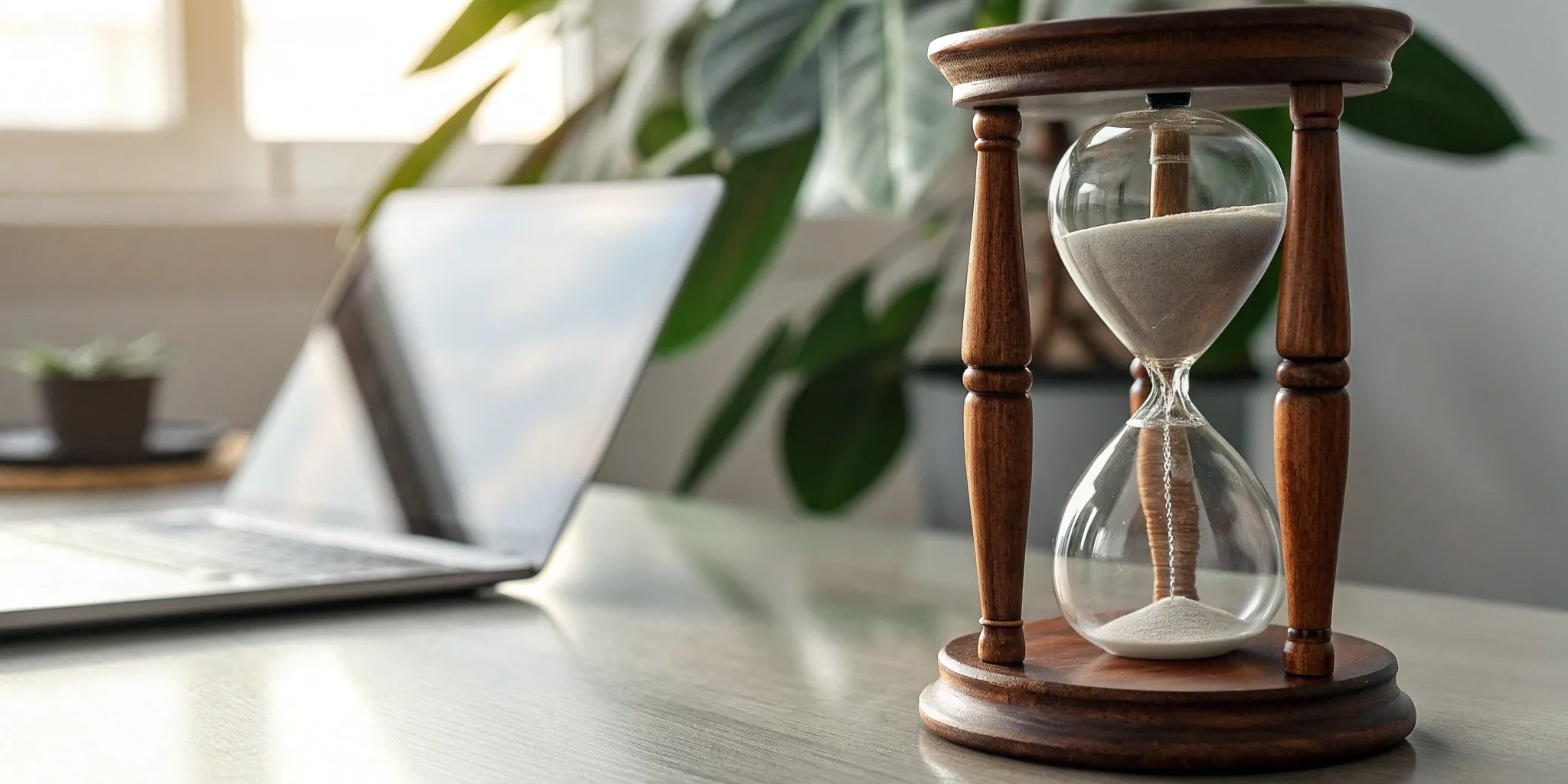 An hourglass measuring the time it takes to complete a tenant background check on a laptop.