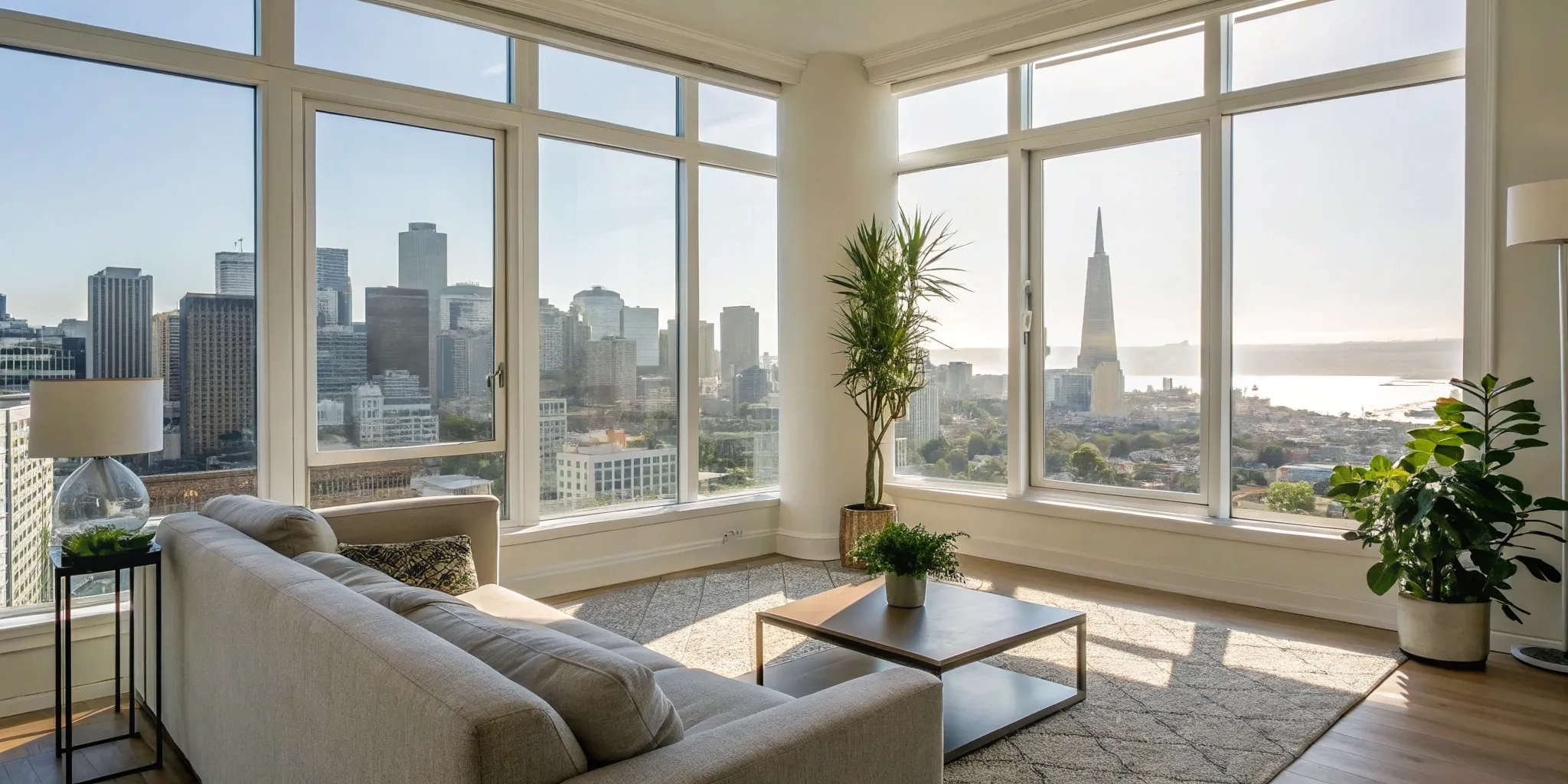 Marketing a rental property with professional photos of a modern living room and an attractive city view.