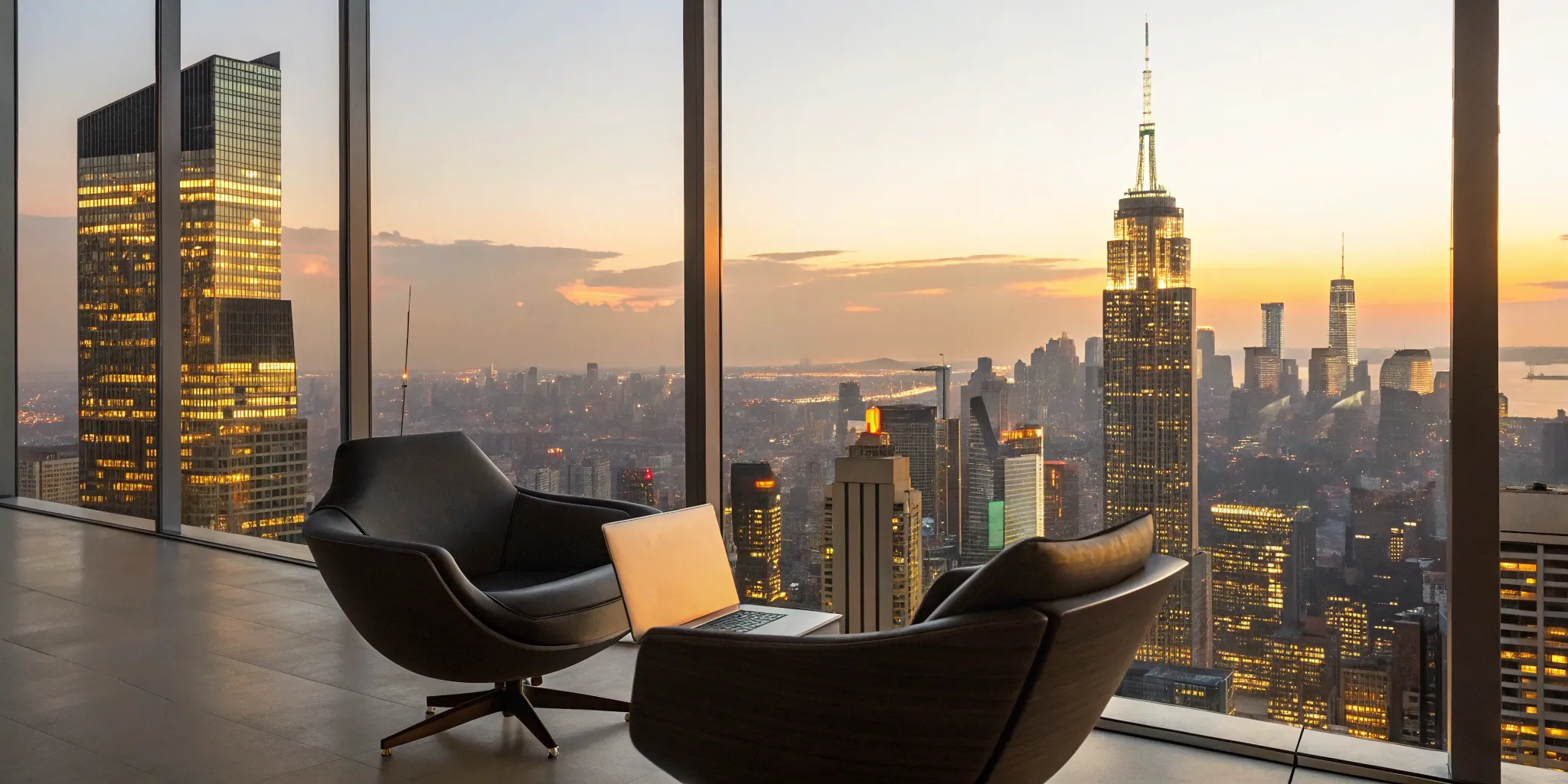 A modern office with a city view provided by a corporate relocation assistance package.