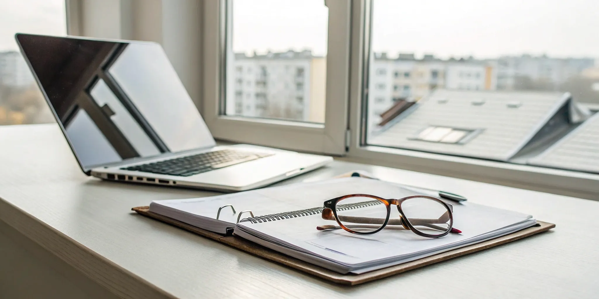 Laptop and documents on a desk used to legally deny a rental application.