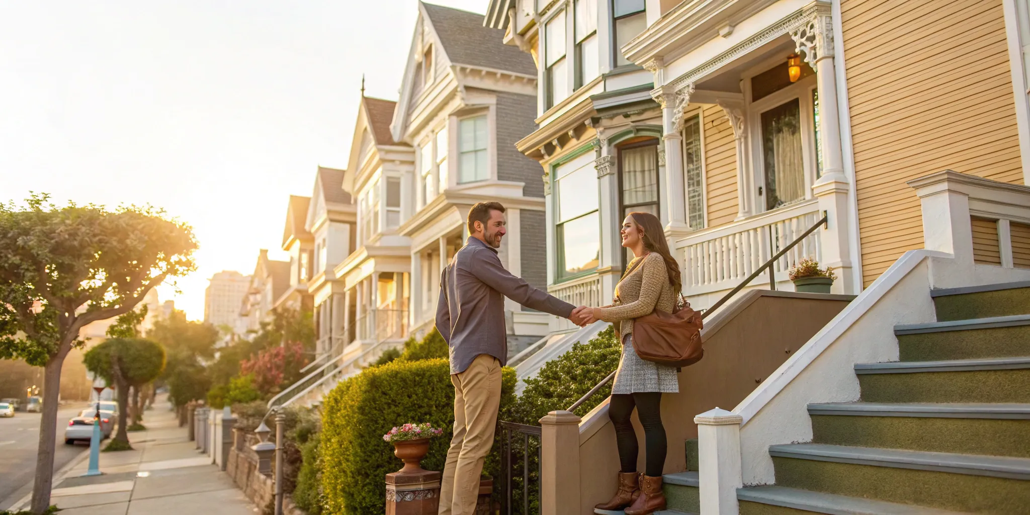 A couple gets help finding an apartment and shakes hands with a real estate agent.