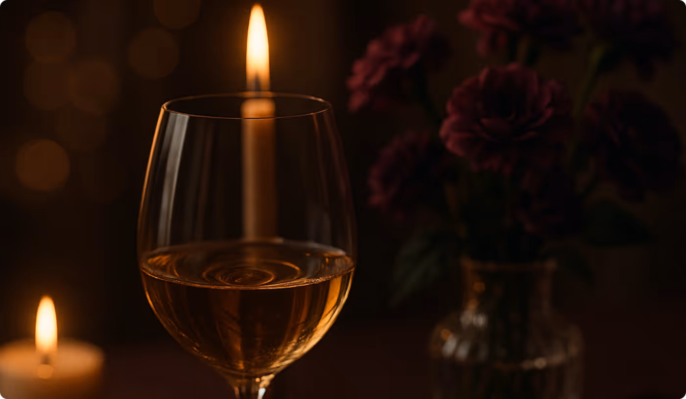 Glass of white wine with candlelight reflections and blurred dark purple flowers in a vase in the background.
