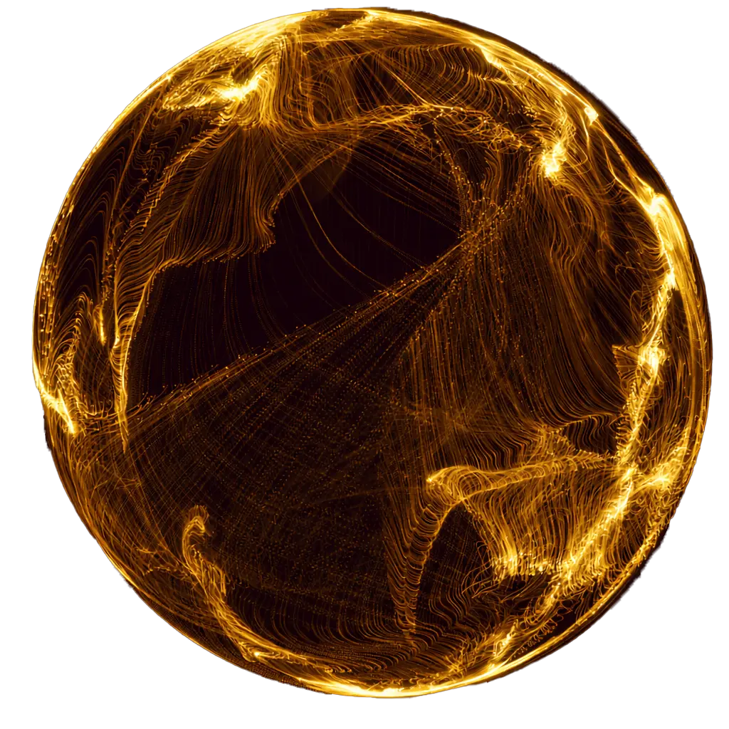Glowing golden lines forming a spherical abstract globe on a dark background.