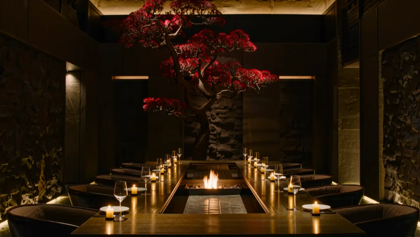 Dimly lit restaurant interior with a central fireplace, dark wood tables set with glasses and napkins, and a tree with red leaves.