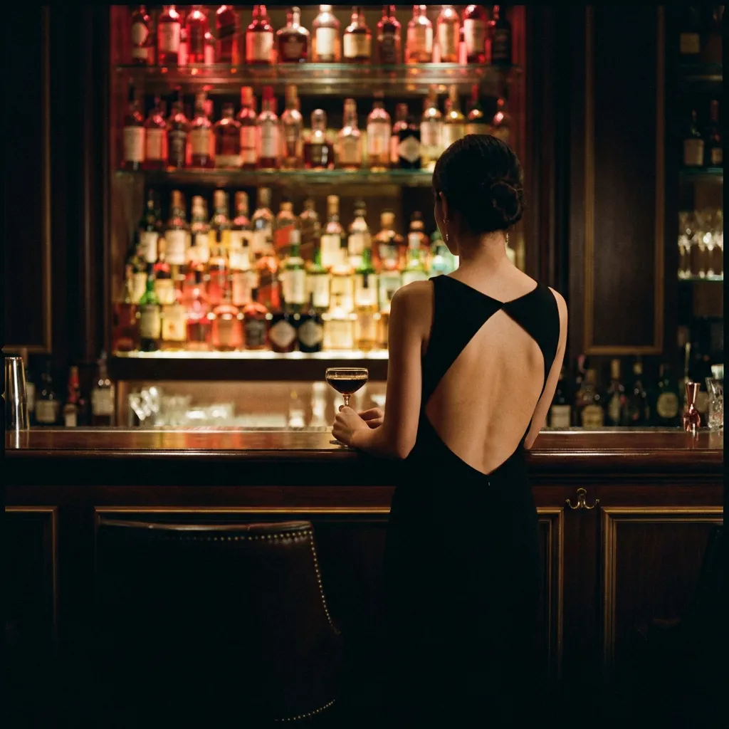 Woman with shoulder-length hair sitting at a bar counter with a bartender in the background.