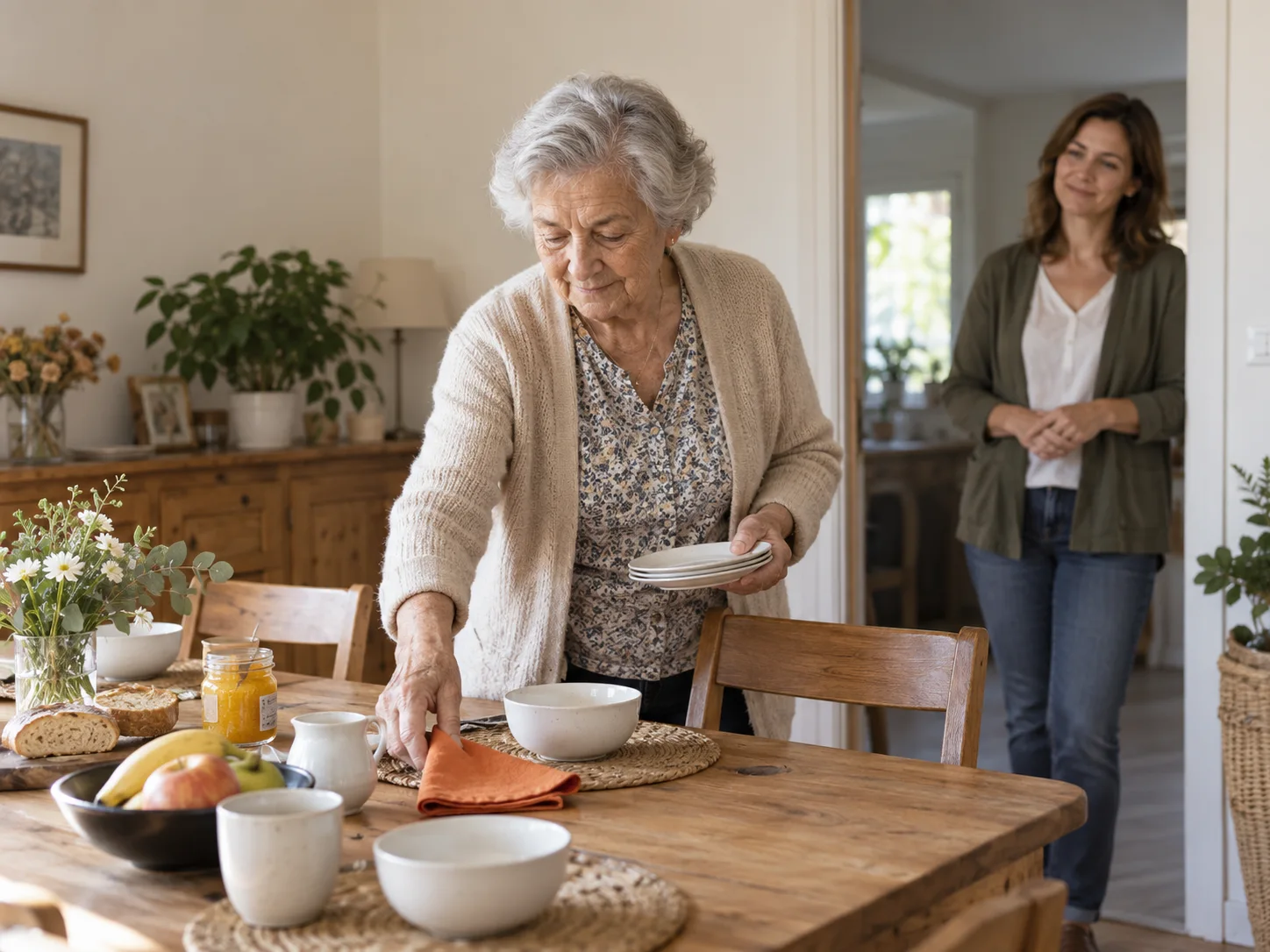 Une personne âgée prépare sa table au quotidien