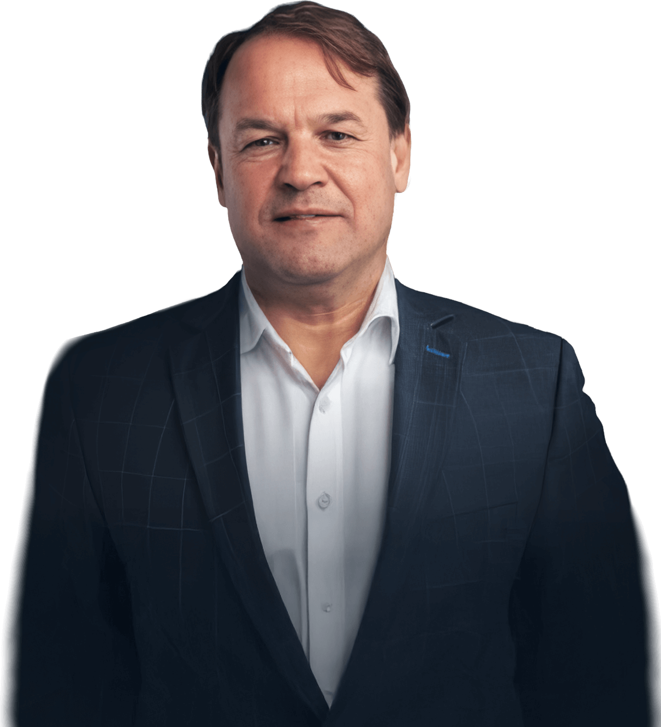 Portrait of a middle-aged man wearing a dark checkered suit jacket and white dress shirt, smiling slightly.