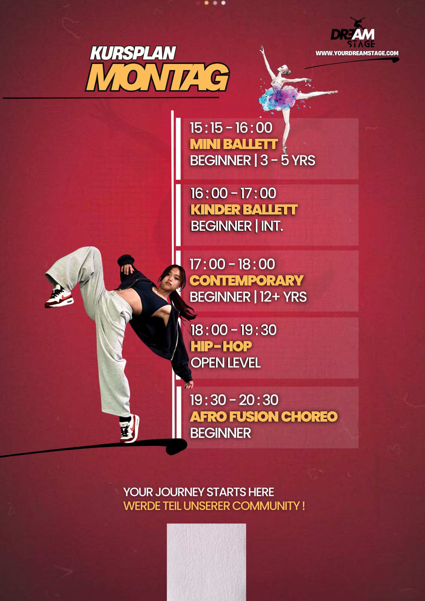 Montagskursplan mit Mini Ballett, Kinderballett, Contemporary, Hip-Hop und Afro Fusion Choreo Stunden.