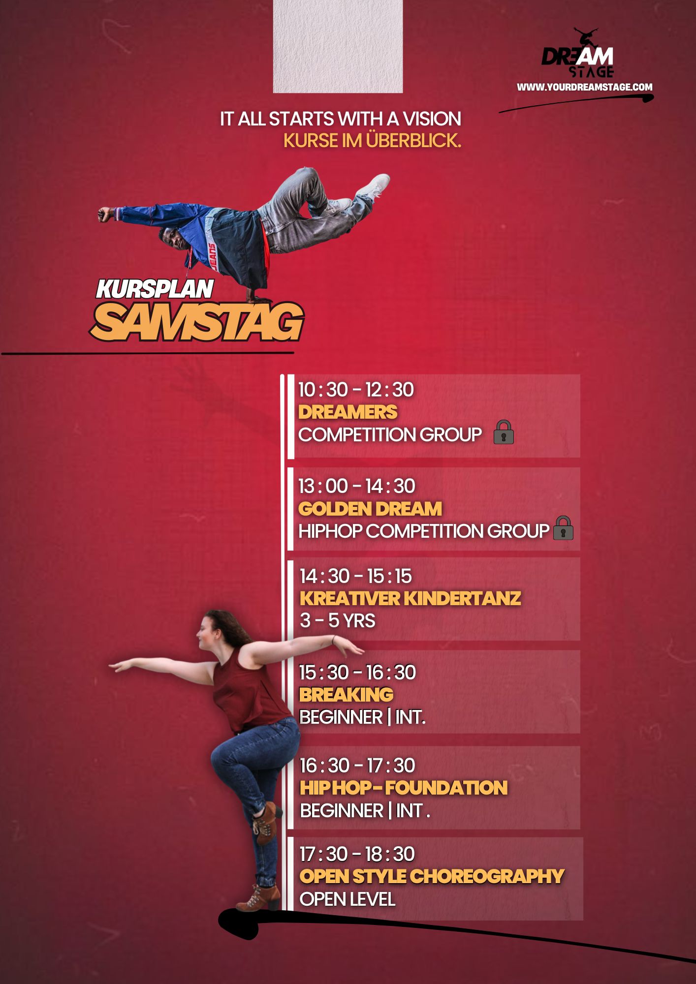 Samstags-Kursplan mit Hip-Hop- und Kindertanzkursen, inklusive Zeiten und Levelangaben.