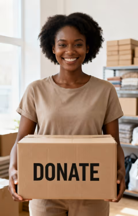 Smiling woman holding a cardboard box labeled 'DONATE' in a room with shelves and other boxes.