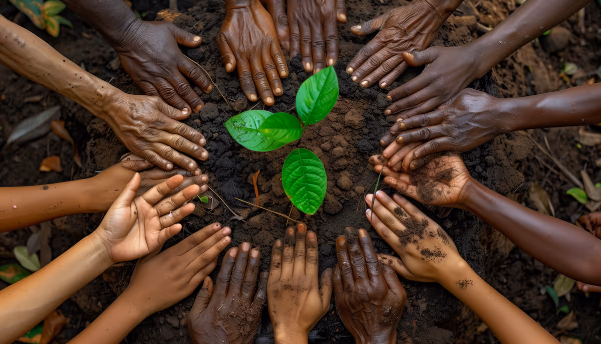 Diverse hands arranged in a circle around a young green plant growing in dark soil.