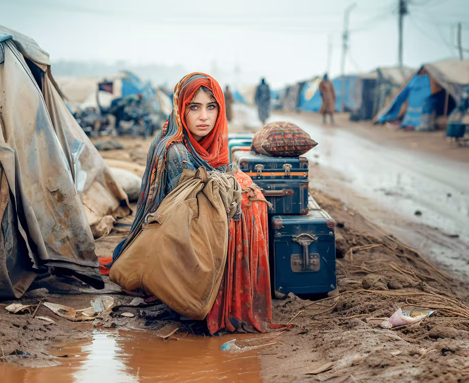Young woman with bright eyes and red headscarf sitting on muddy ground beside stacked suitcases in a makeshift camp.
