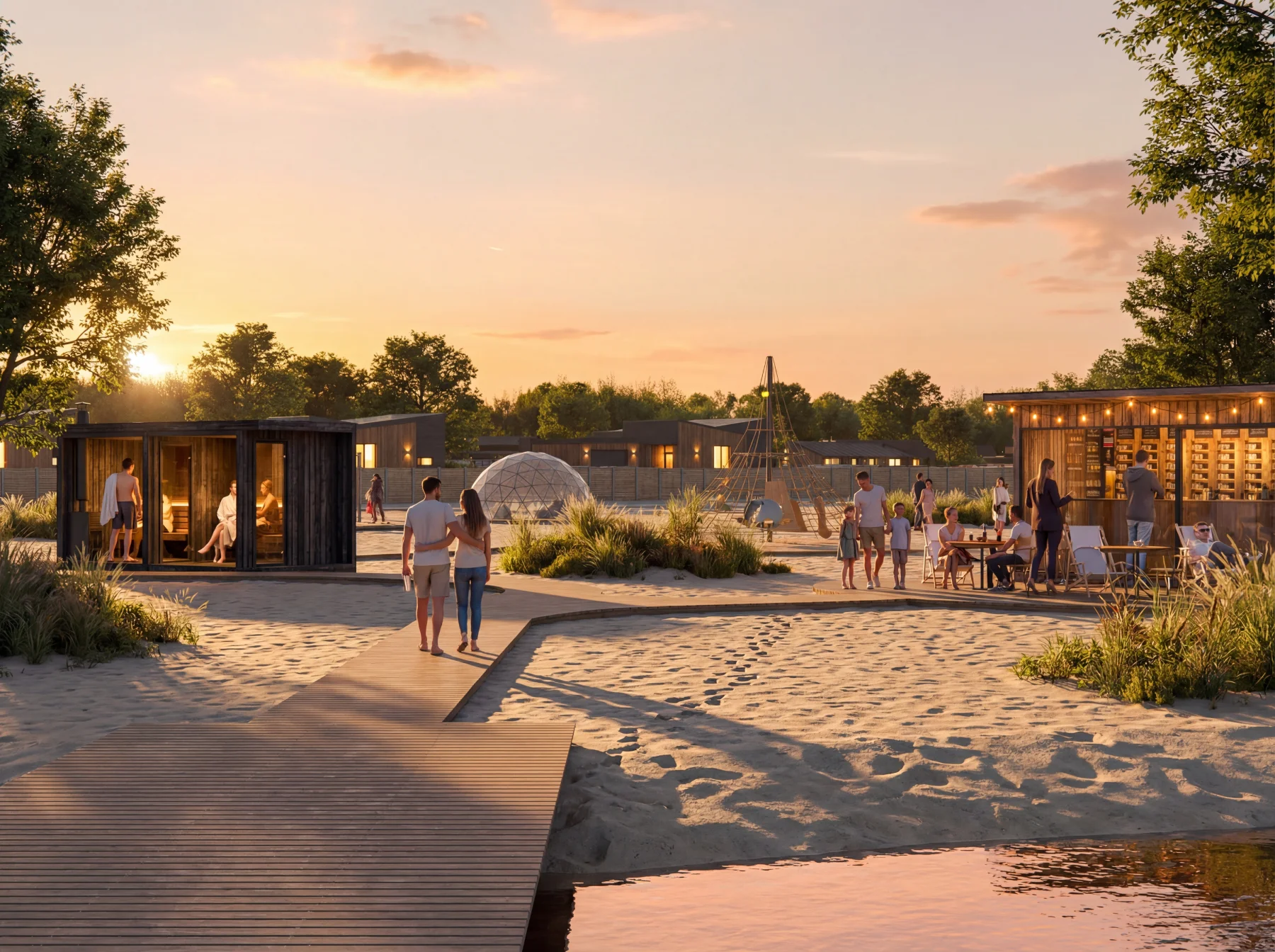 Žmonių grupės prie saunos, žaidimų aikštelės ir kavos kiosko smėlio paplūdimyje saulėlydžio metu.