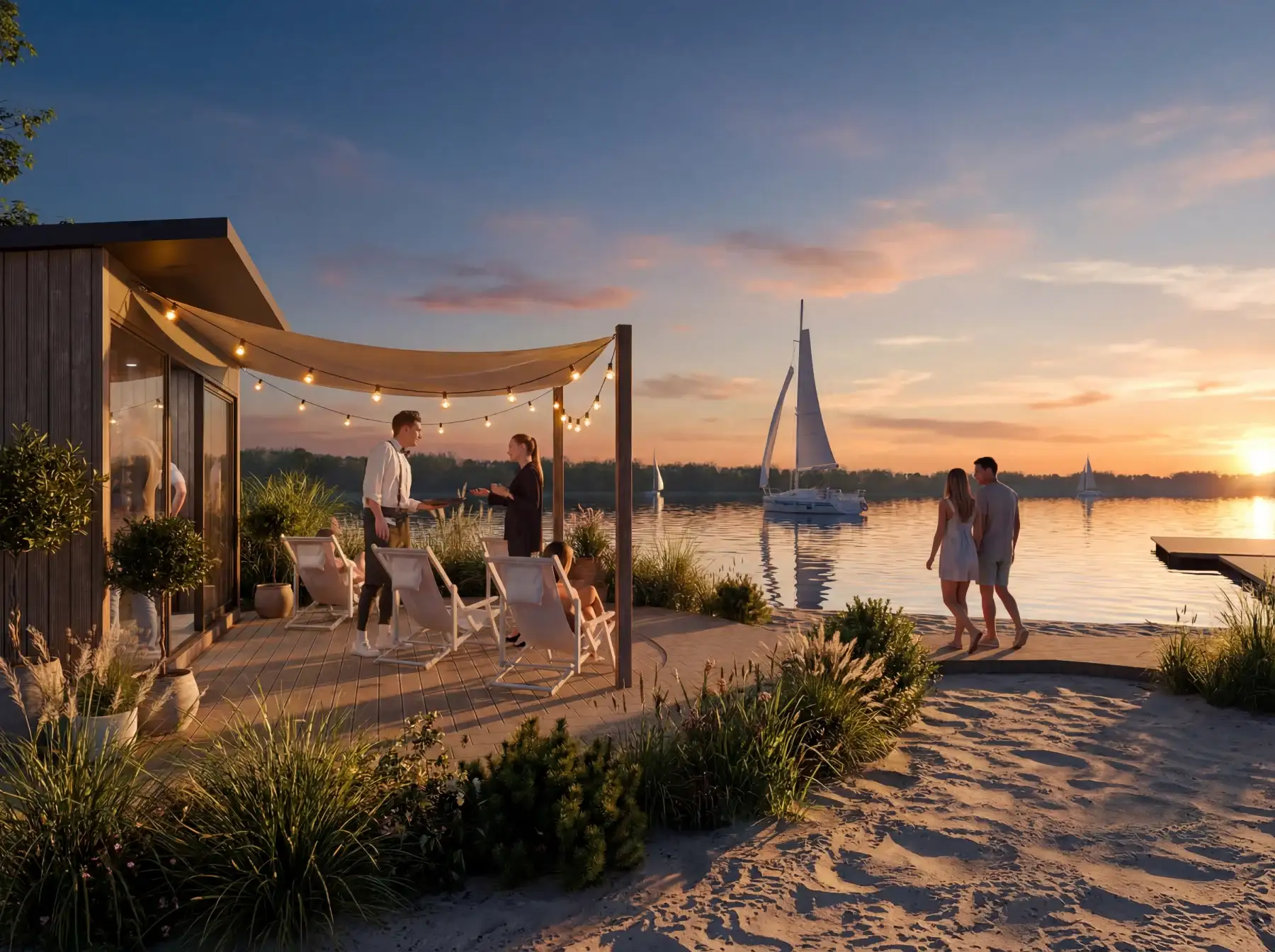 Poros prie ežero saulėlydžio metu vaikšto šalia paplūdimio prie namo su apšviestu deniu ir buriavimo laivu vandens fone.