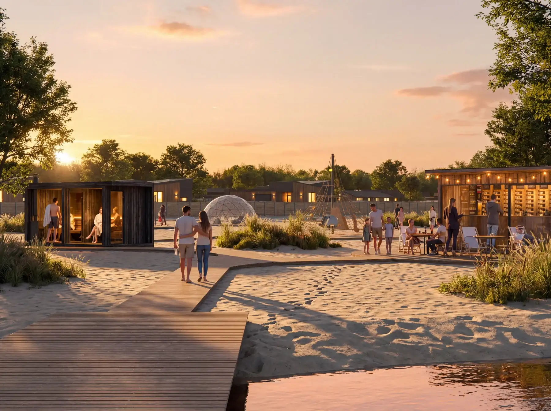 Vakarėjantis paplūdimys prie ežero, su sūpynėmis, poilsio zona, žmonėmis, maudančiais ežere, ir laivu su burėmis.