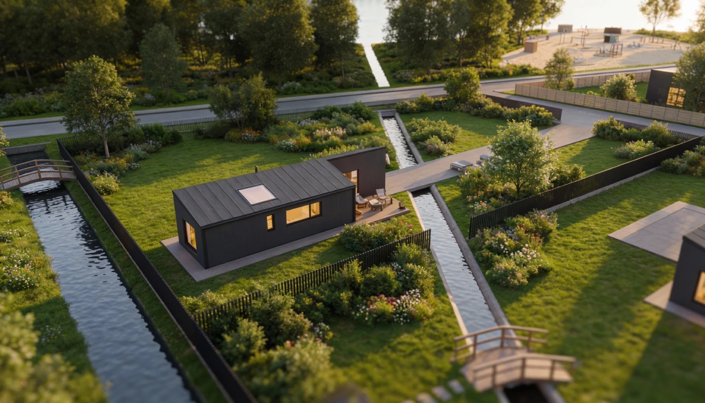 Moderni juodos spalvos mažo namo konstrukcija su terasa, apsupta žalios vejos, augalų ir vandens kanalų su mediniais tilteliais.