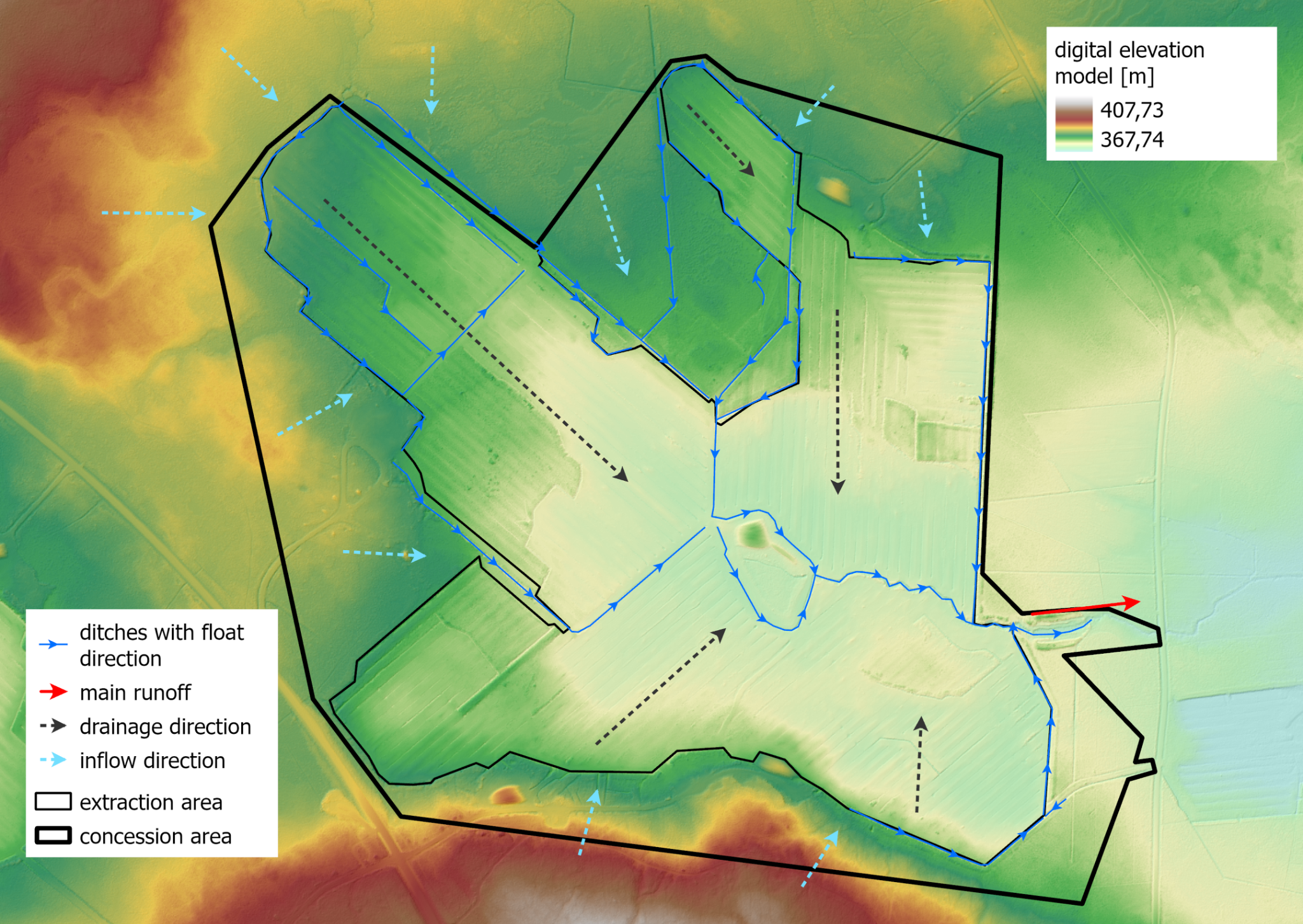 Elevation model with drainage directions