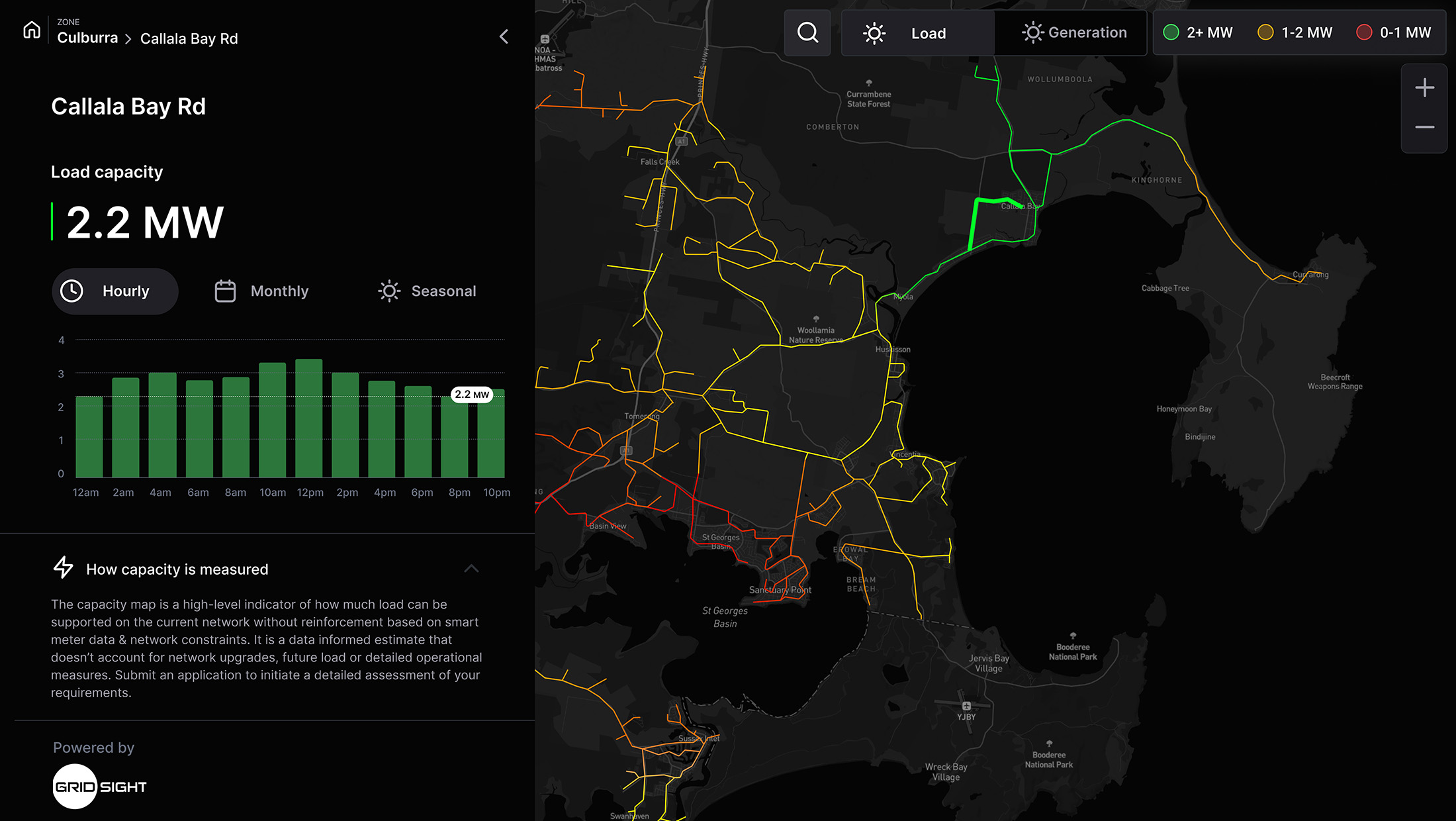 Gridsight grid visibility map showing real-time load capacity across Endeavour Energy’s network.