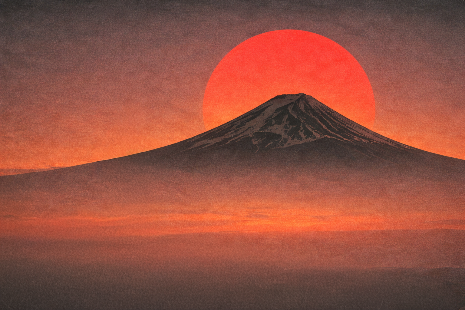 Silhouette of a mountain with a large red sun setting behind it against a reddish-orange sky.