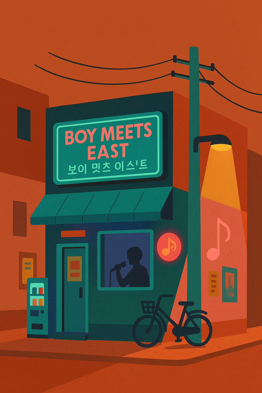 Illustrated music venue named Boy Meets East with a singer's silhouette in the window, a bicycle parked outside, and musical notes on the walls under a street lamp.