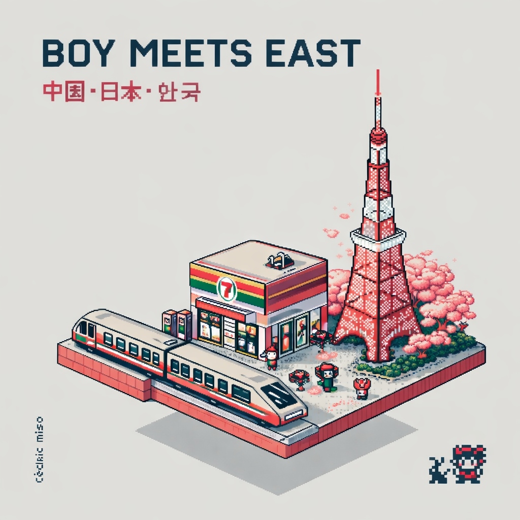 Pixel art of a Japanese scene with a high-speed train, a 7-Eleven store, cherry blossom trees, Tokyo Tower, and small characters in traditional attire.