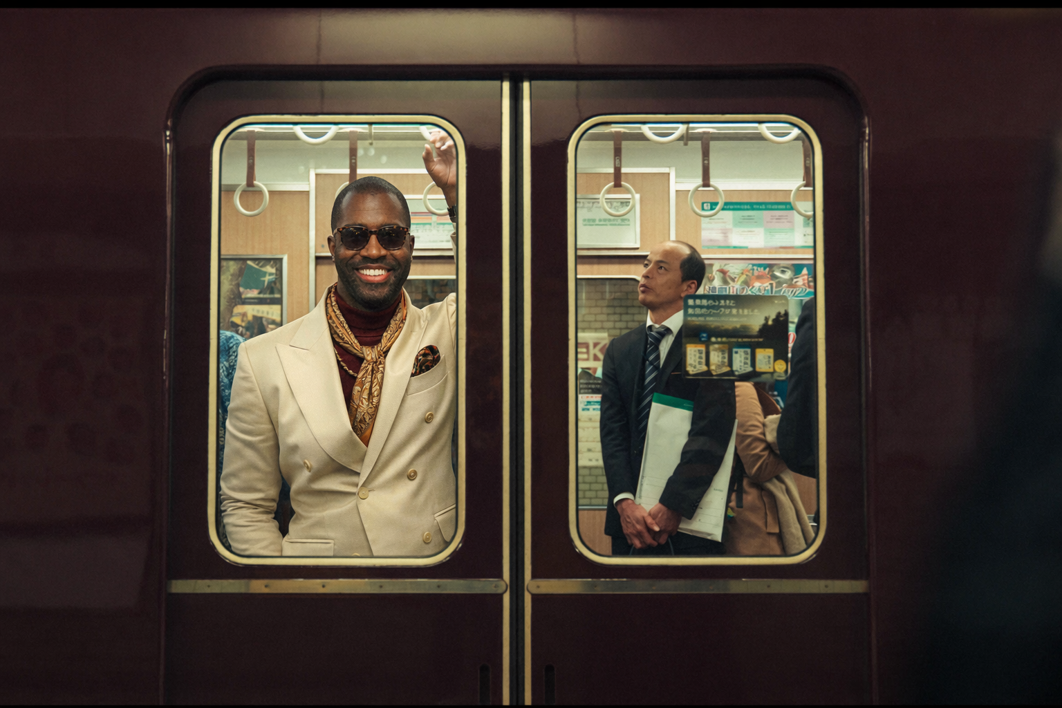 Man in a beige double-breasted suit smiling and holding a train handle inside a subway car, with another man in a suit holding documents standing nearby.