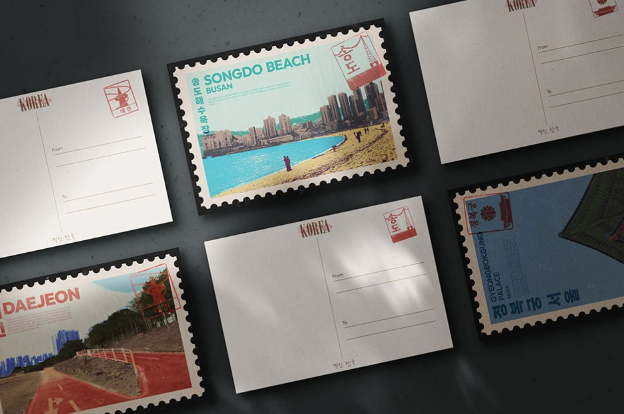 Postcards of Korean landmarks with space for sender and receiver info, featuring Songdo Beach and Daejeon.
