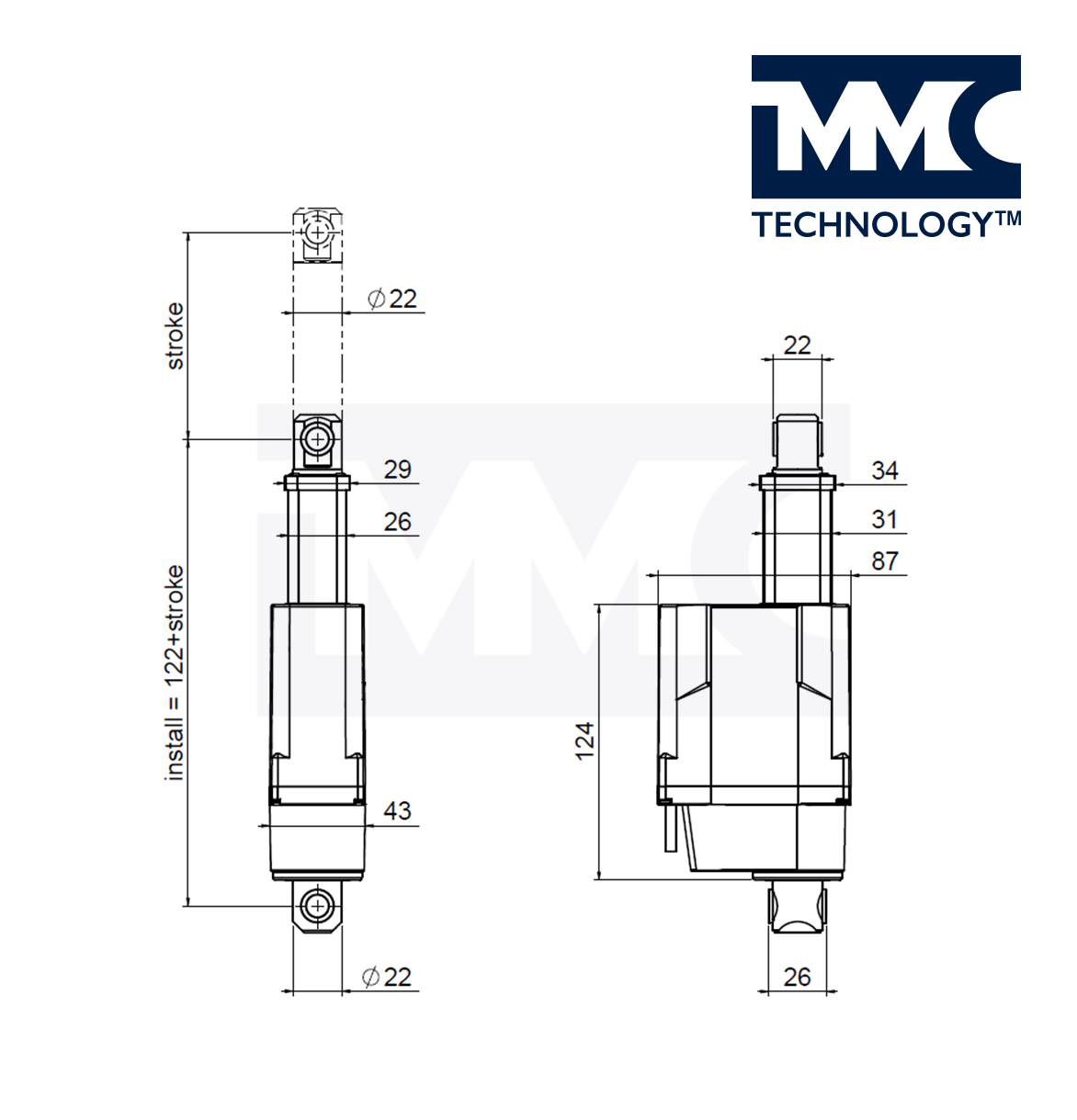 Technical drawing with product dimensions